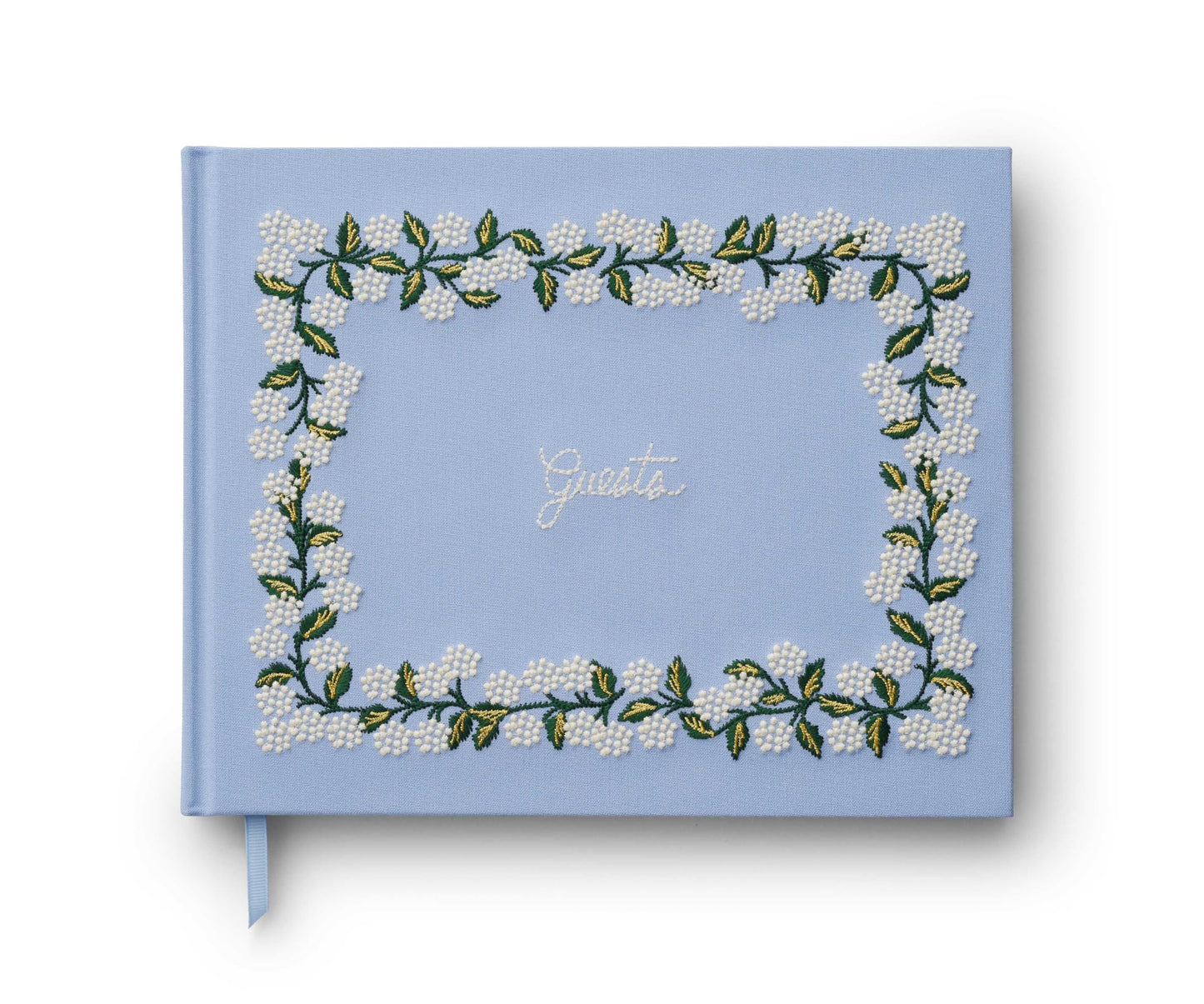 RIFLE PAPER CO. Hydrangea Embroidered Fabric Guest Book | Hard Cover Wrapped in Book Cloth & Ribbon Bookmark, (144 Ruled Pages Metallic Gold Ink, 10.25" W × 8.25" L)