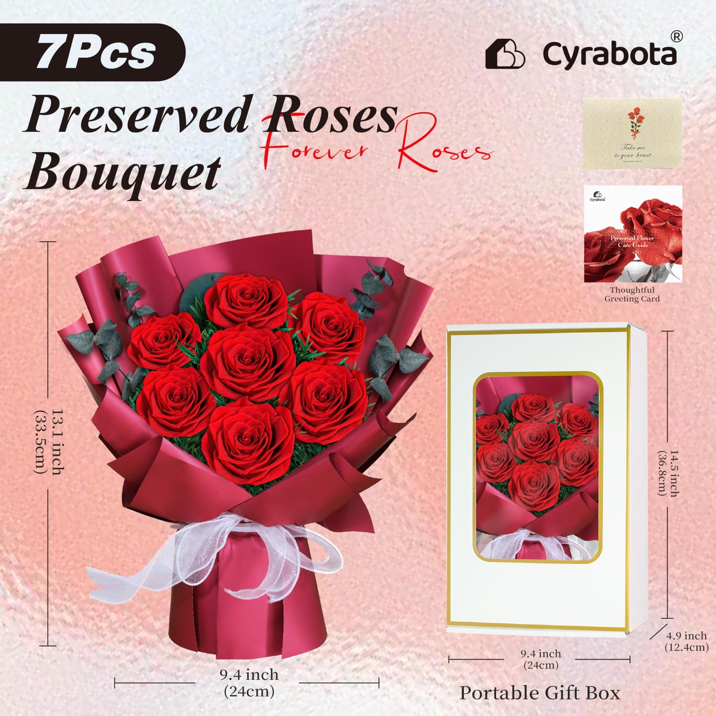 Preserved Red Rose Bouquet, 7 Pcs Real Forever Flowers Last 3+ Years, Gifts for Valentine's Day Mother's Day, for Wife Girlfriend Mom Her