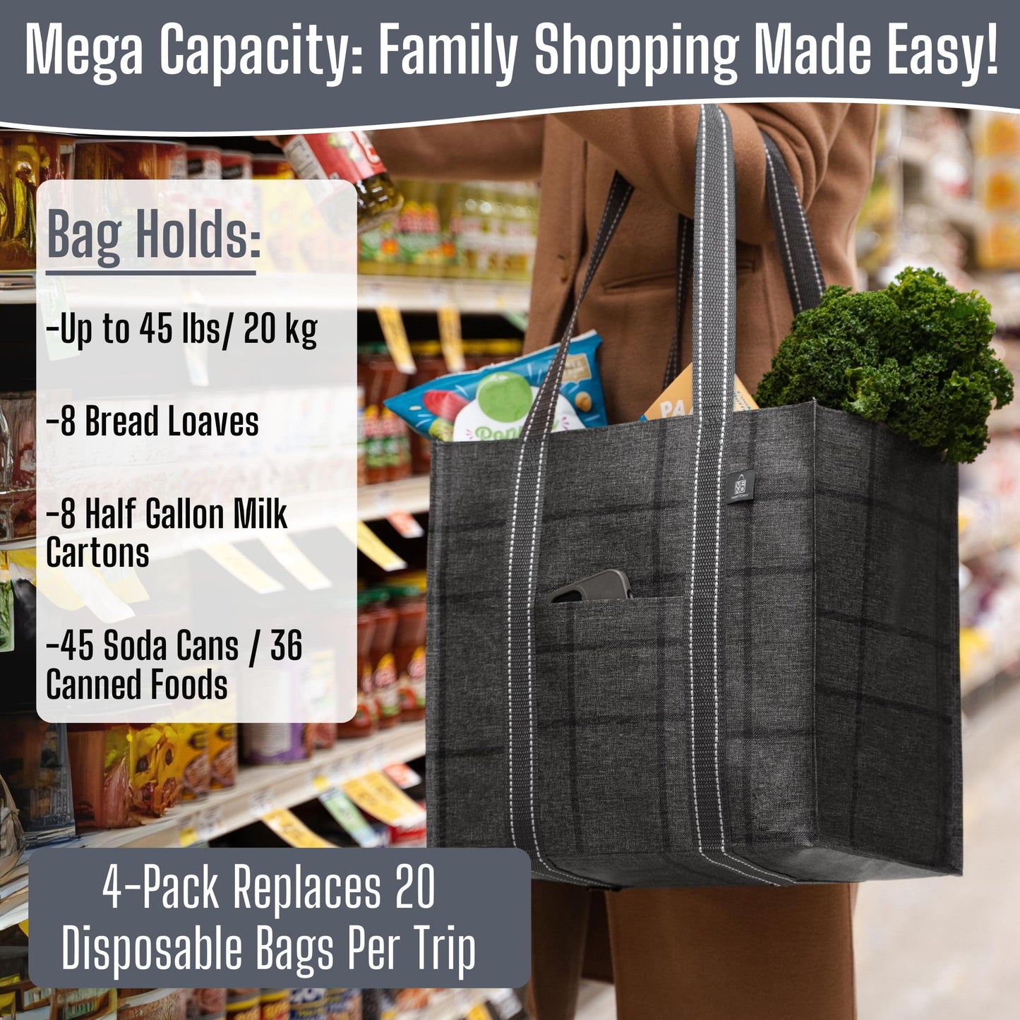 VENO 4 Pack Reusable Grocery Bags with Hard Bottom, Heavy-Duty Shopping Bags for Shopping Cart (Windowpane, 4 Pack)