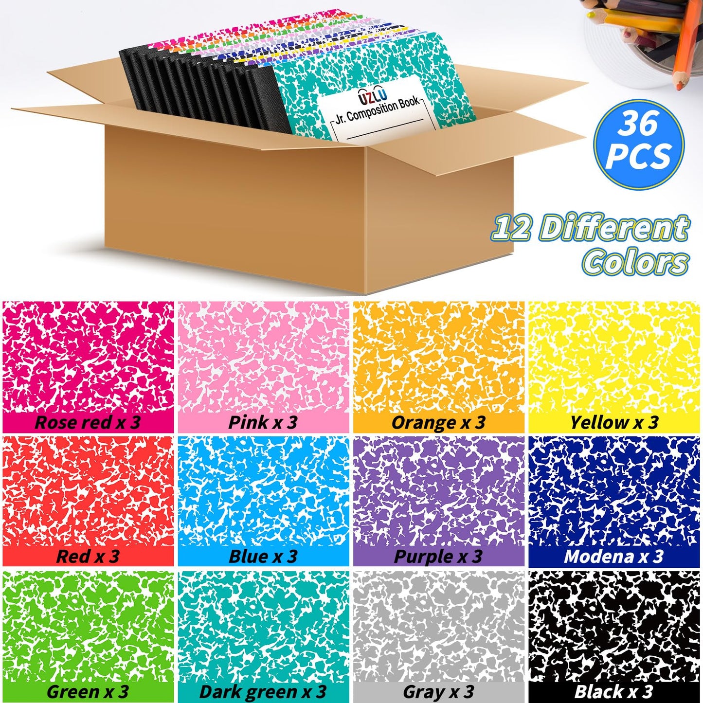 36 Pack Composition Notebooks Bulk Wide Ruled 4-7/8"x 7.5" Half Size Composition Books 60 Sheets Mini Notebook 12 Color Small Pocket Marble Journal Books for Students College Office Back to School Supplies