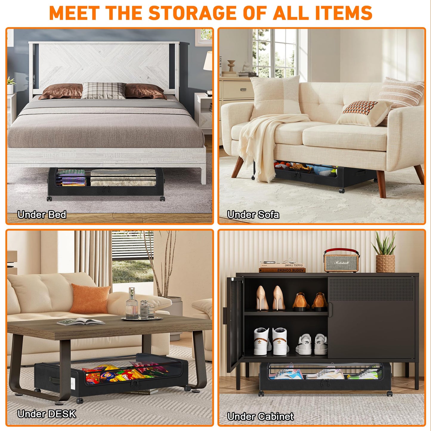 Under Bed Storage with Wheels, 2 Pack Under Bed Storage Containers with Clear Lids, XXL 65L Under Bed Storage Organizer, Rolling Under Bed Metal Drawer for Blanket, Clothes, Shoes (31 x 17 x 6.69 in)