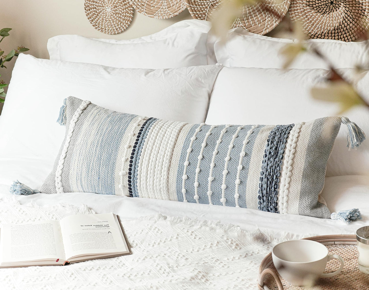 BlissBlush Coastal Blue Decorative Lumbar Pillow Cover 14x36 Boho Long Body Pillow for Bed Farmhouse Lumbar Throw Pillow for Couch Modern Accent Textured Throw Pillowcase