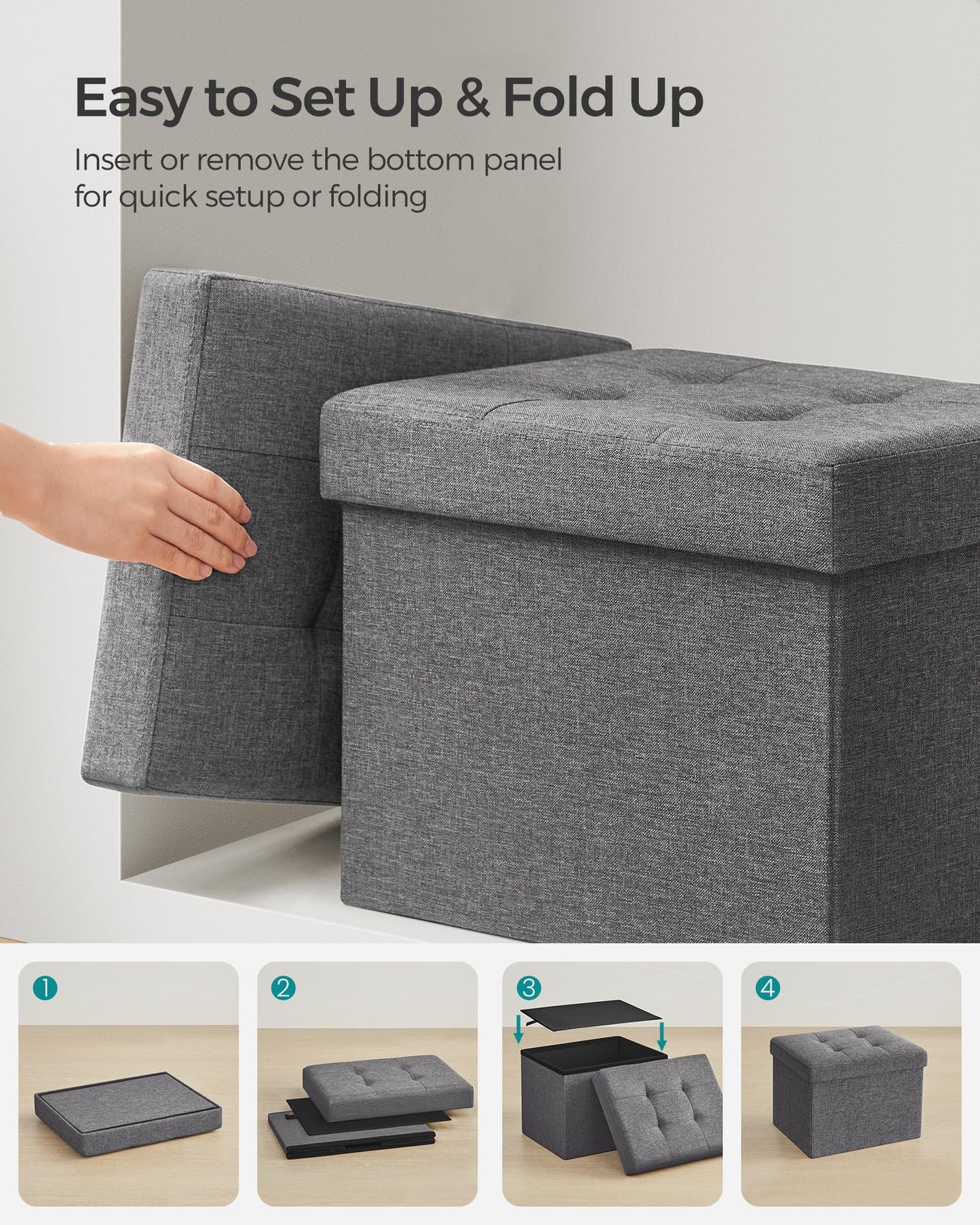 SONGMICS Mazie Collection - Small Folding Storage Ottoman, Foot Rest Stool, 12.2 x 16.1 x 12.2 Inches, 286 lb Load Capacity, for Living Room, Bedroom, Home Office, Dorm, Dark Gray ULSF102G01