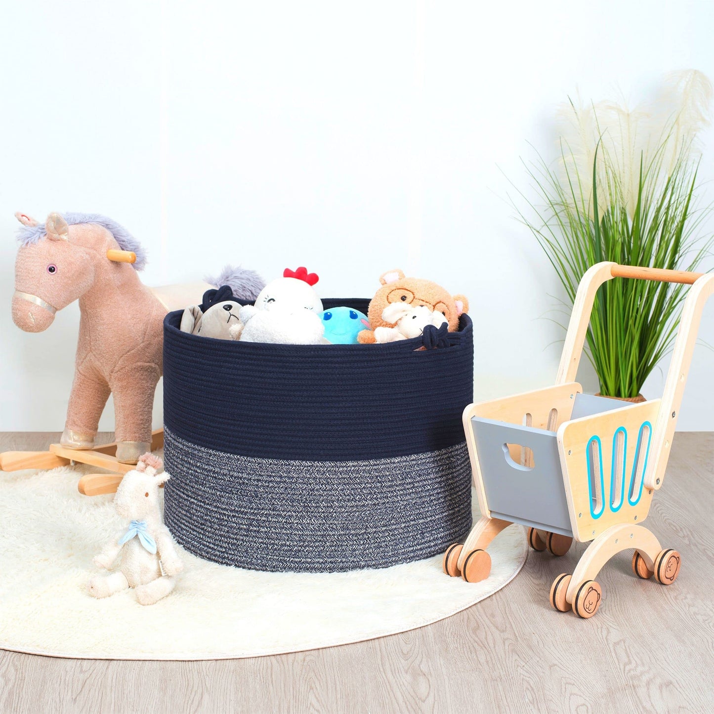 MINTWOOD Design Extra Large 22 x 16in Decorative Woven Cotton Rope Blanket Storage Basket Bin Living Room with Handles and Laundry Hamper for Pillows, Pool Towels, Dog Toys, Shoes, Navy Blue