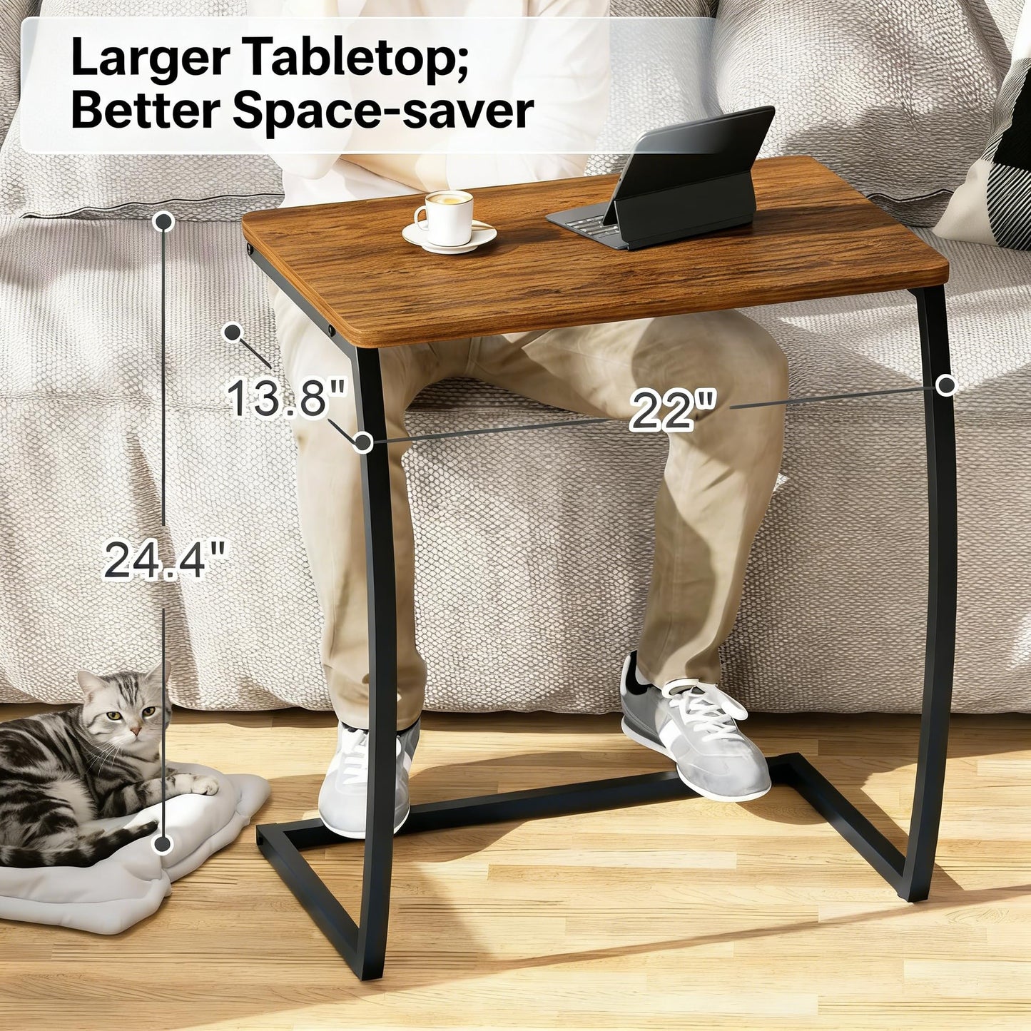 SRIWATANA Side Table, End Table, Vintage C-Shaped Couch Table for Sofa Laptop Coffee Snack, Walnut