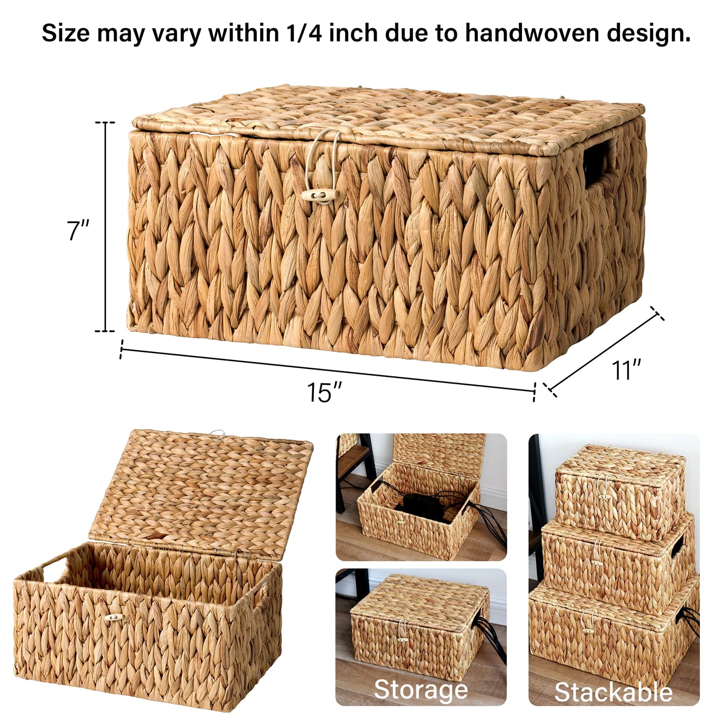 StorageWorks Large Water Hyacinth Baskets for Organizing, Wicker Basket with Lid for Shelves, Storage Basket with Lid and Built-in Handles, 1 Pack