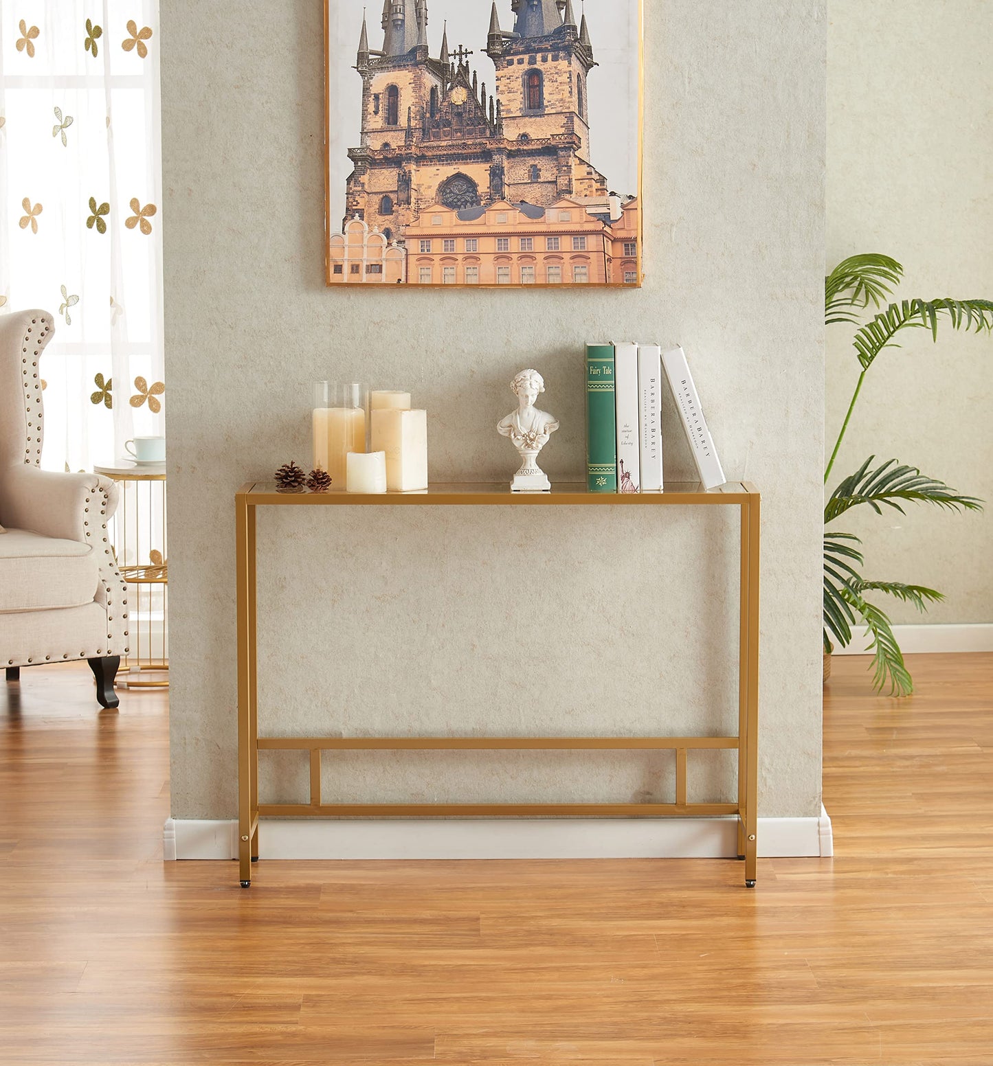 MAJARO Small Modern Console Table for Entryway, Tempered Glass with Metal Frame Sofa Table for Living Room, Hallway, Office (Single-Layer, Gold)