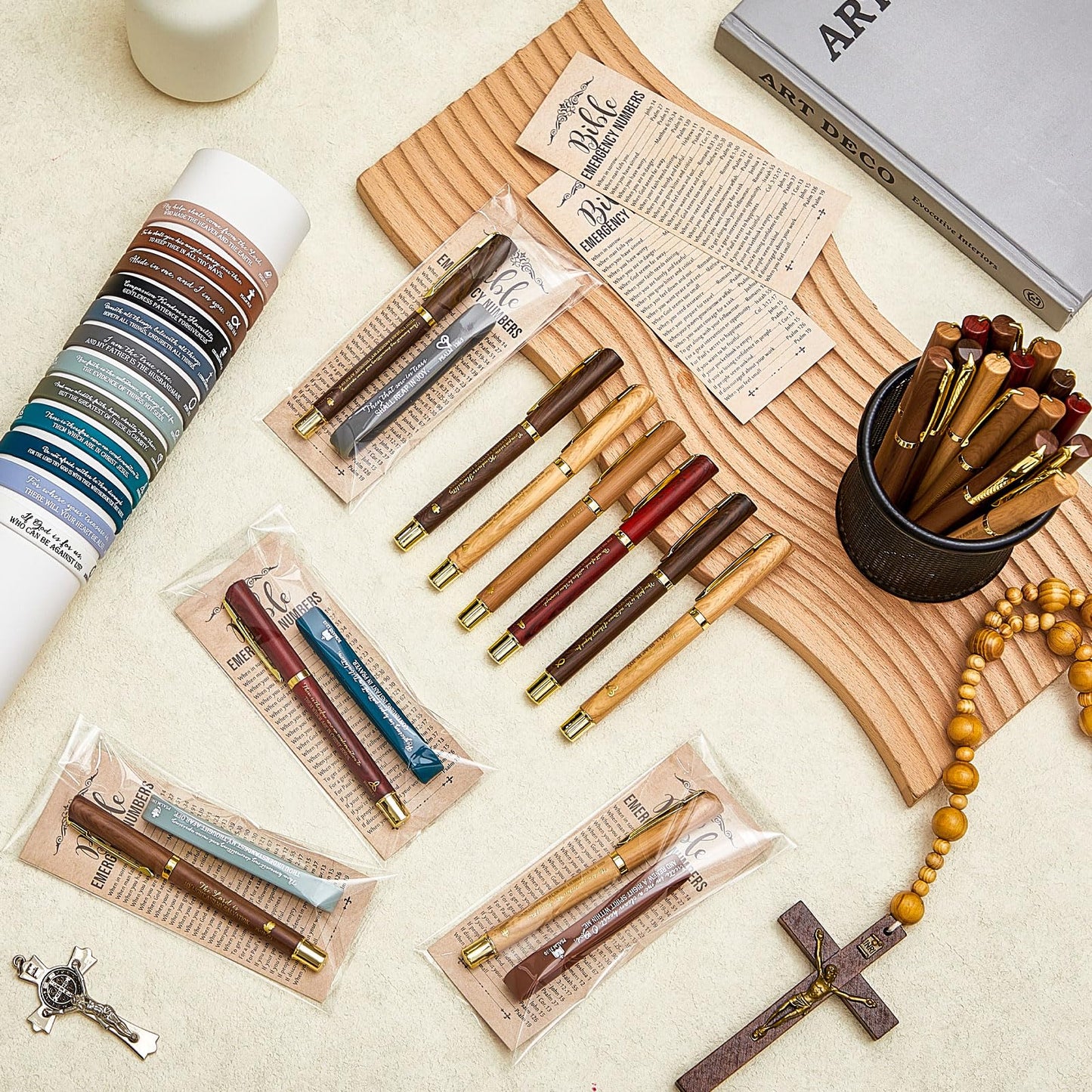 Feifeiya 50 Sets Father's Day Christian Gifts Bulk for Men, Bible Verse Gel Pens with Religious Wristbands and Bible Emergency Numbers Bookmarks, Religious Gift Set for Dad Grandpa Church Members