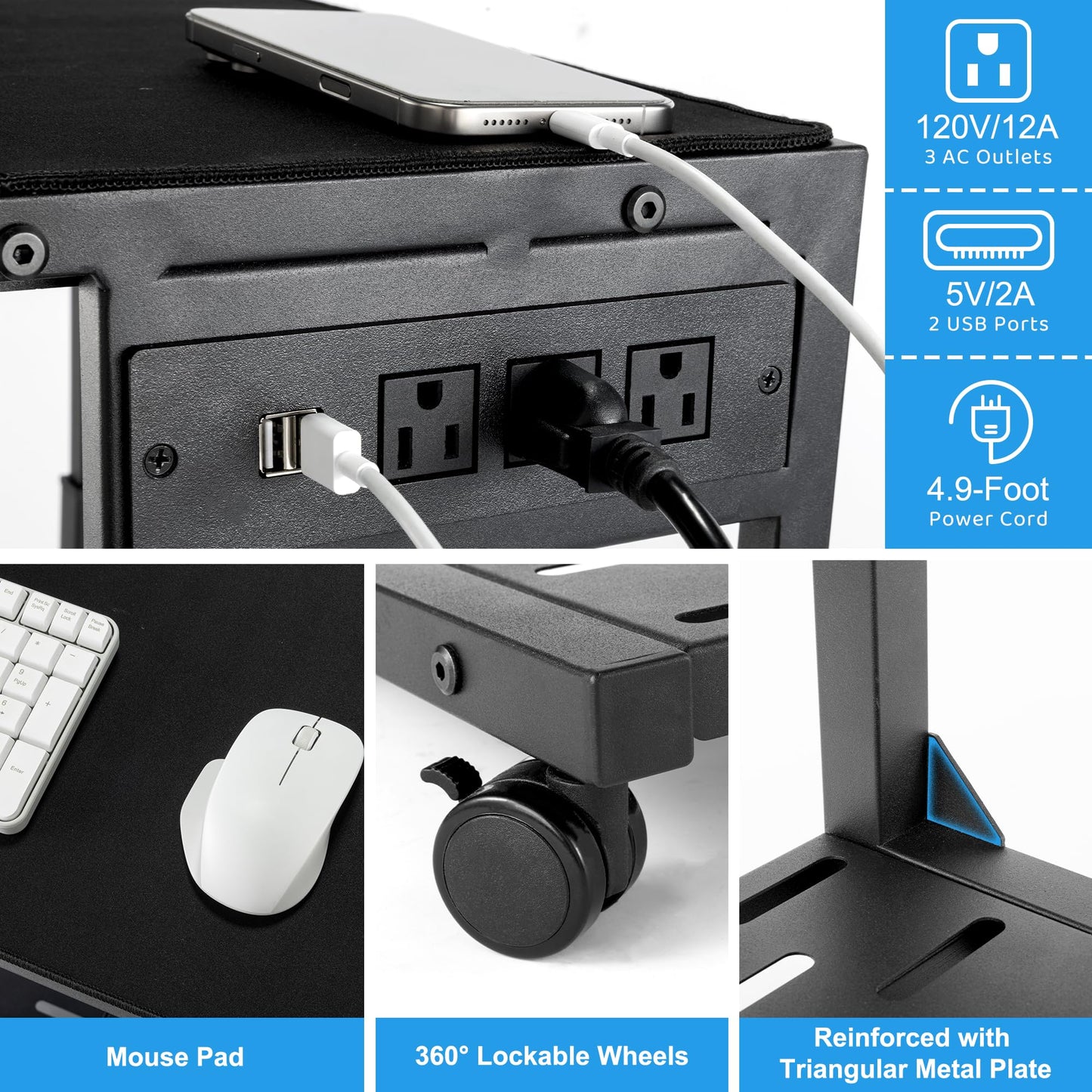 Aquzee PC Stand, Adjustable Computer Tower Stand on Wheels, Heavy Duty Metal Computer Case Cart with Power Strip, Under Desk Rolling PC Holder for Floor Carpet, Gaming Home Office Bedroom, Black