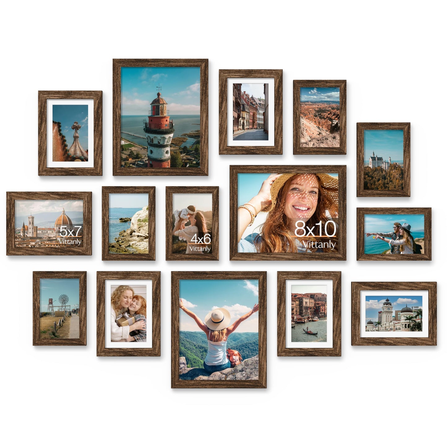 Vittanly 15 Pack Picture Frames Collage Wall Decor for Mounting or Tabletop Display, Gallery Frame Set for Family, Multi Sizes Including 3pcs 8x10, 6pcs 5x7, 6pcs 4x6, Brown