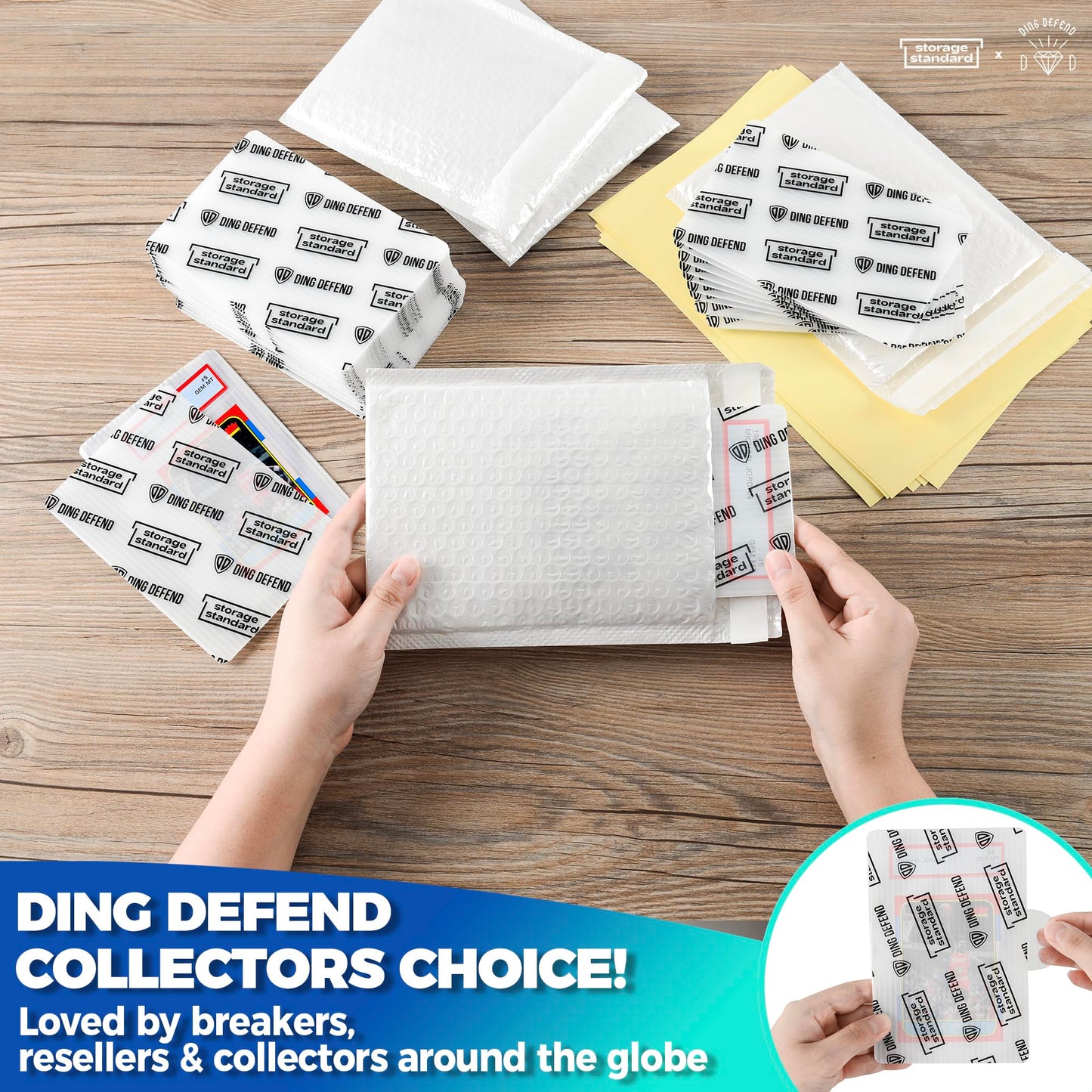 Ding Defend Card Shipping Kit Envelope Bubble Mailers - Includes 110 4’’ x 6’’ Semi-Transparent Small Padded Envelopes/Protectors, 55 Small Bubble Mailers, 240 Tape Seals for Collectible Cards & Slabs