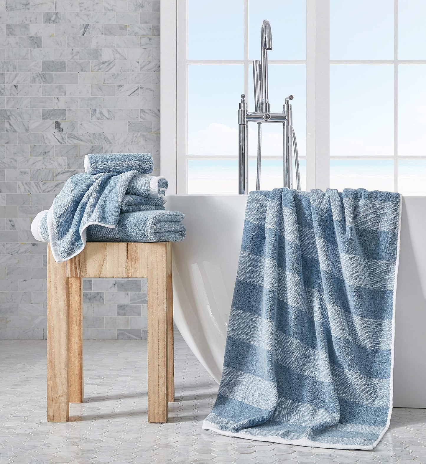 Nautica - Bath Towel Set, Cotton Bath, Hand & Washcloths, Plush, Absorbent & Quick-Dry, Striped Americana Decor, Set of 6, Oak Lake Blue