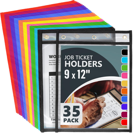35 Pack Job Ticket Holders 9x12 inch - Colored Work Order Plastic Sleeves - Shop Ticket Holders - Reusable Dry Erase Pocket Sleeves - Sheet Protectors Heavy Duty - Clear Paper Sleeves Protector