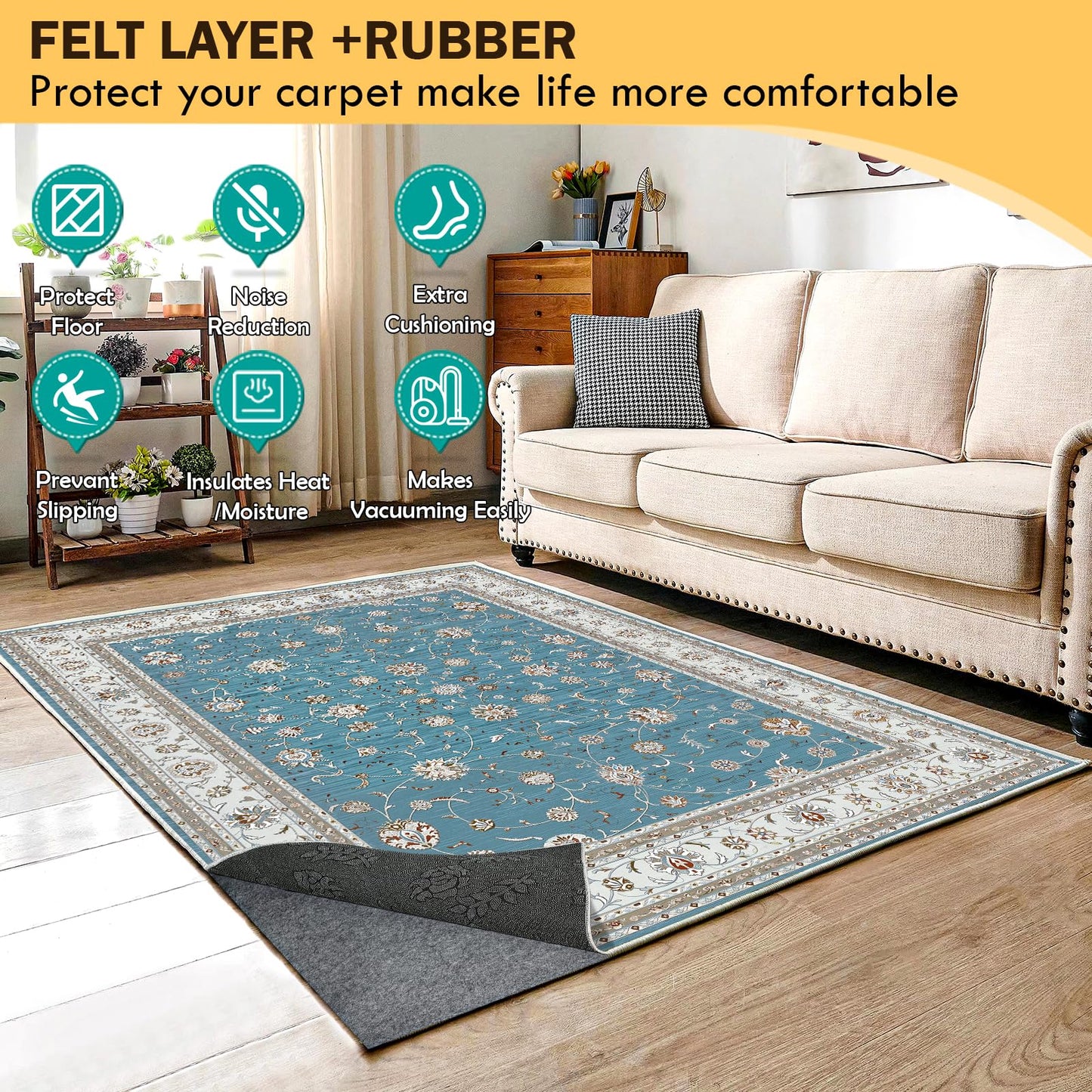Waterproof Rug Pad 8x10 Ft, Under Area Carpet Padding, Non Slip Felt Rug Pads for Hardwood Floors, Protective Underlay Keeps Rugs in Place Without Wrinkles