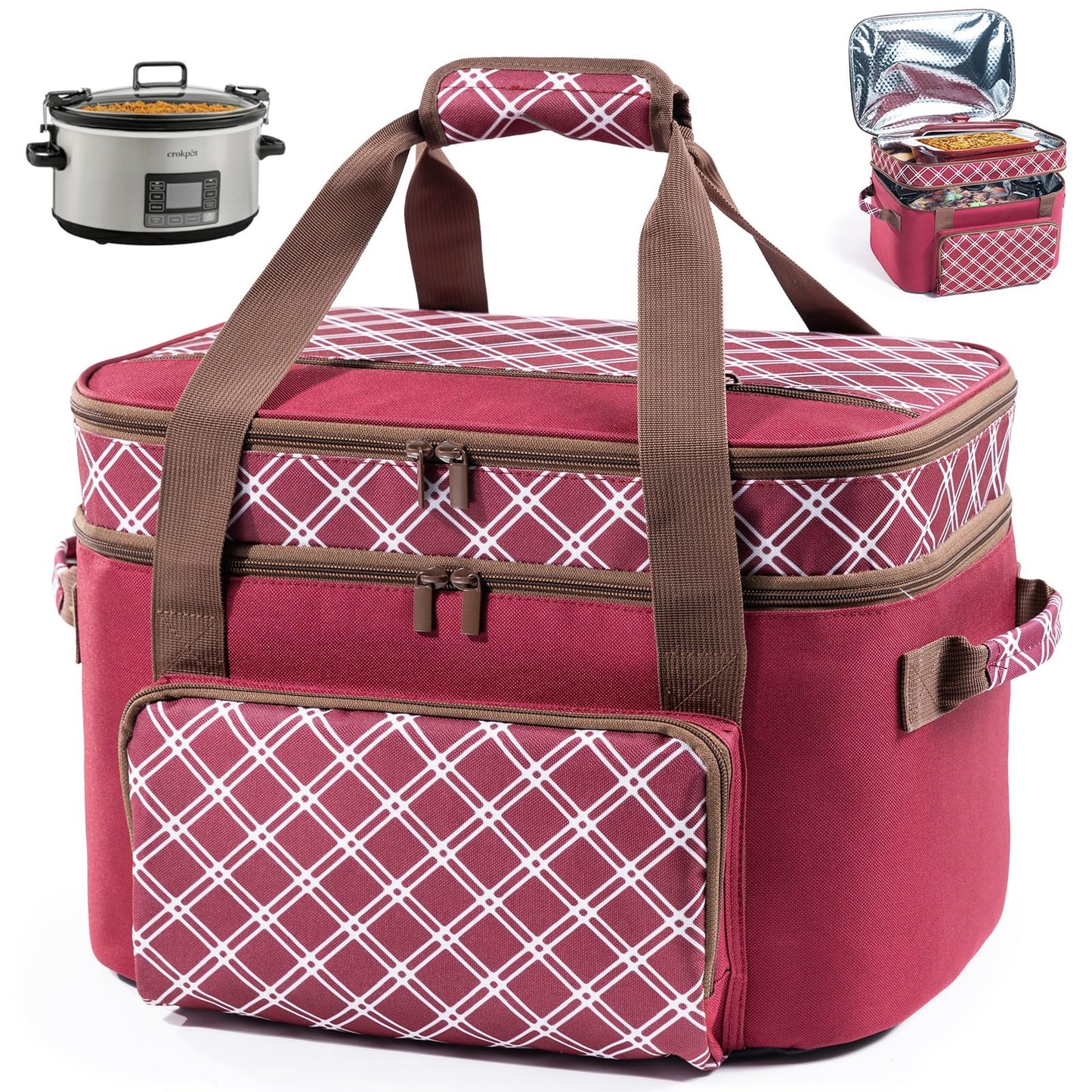 Double Layer Slow Cooker Carrier Bag – Fits 6–8 Qt Oval Slow Cooker Compatible with CrockPot & Hamilton Beach | Insulated Travel Tote with Utensil Storage & Adjustable Straps