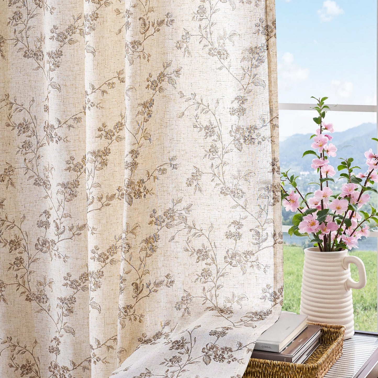 jinchan Linen Floral Curtains 84 Inch Farmhouse Country Flower Drapes Rustic Window Curtains Light Filtering for Living Room Bedroom Laundry Back Tab 2 Panels Taupe on Beige