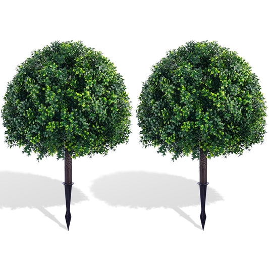 24'' Artificial Boxwood TopiaryTree, Faux Boxwood Plants Shurbs with Spike, 2 Set Topiary Ball Tree Waterproof UV Resistant Fake Pot Filler Plants for Planter Porch Home Outside Garden Spring Decor