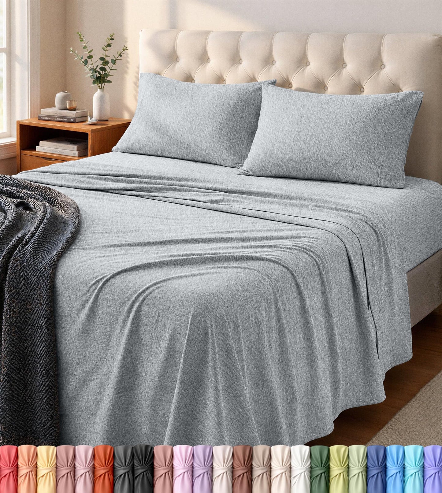 Utopia Bedding King Sheet Set - Jersey Knit Sheets 4 Piece – Cotton – Soft T-Shirt Stretchy Sheets (Heather Light Grey)