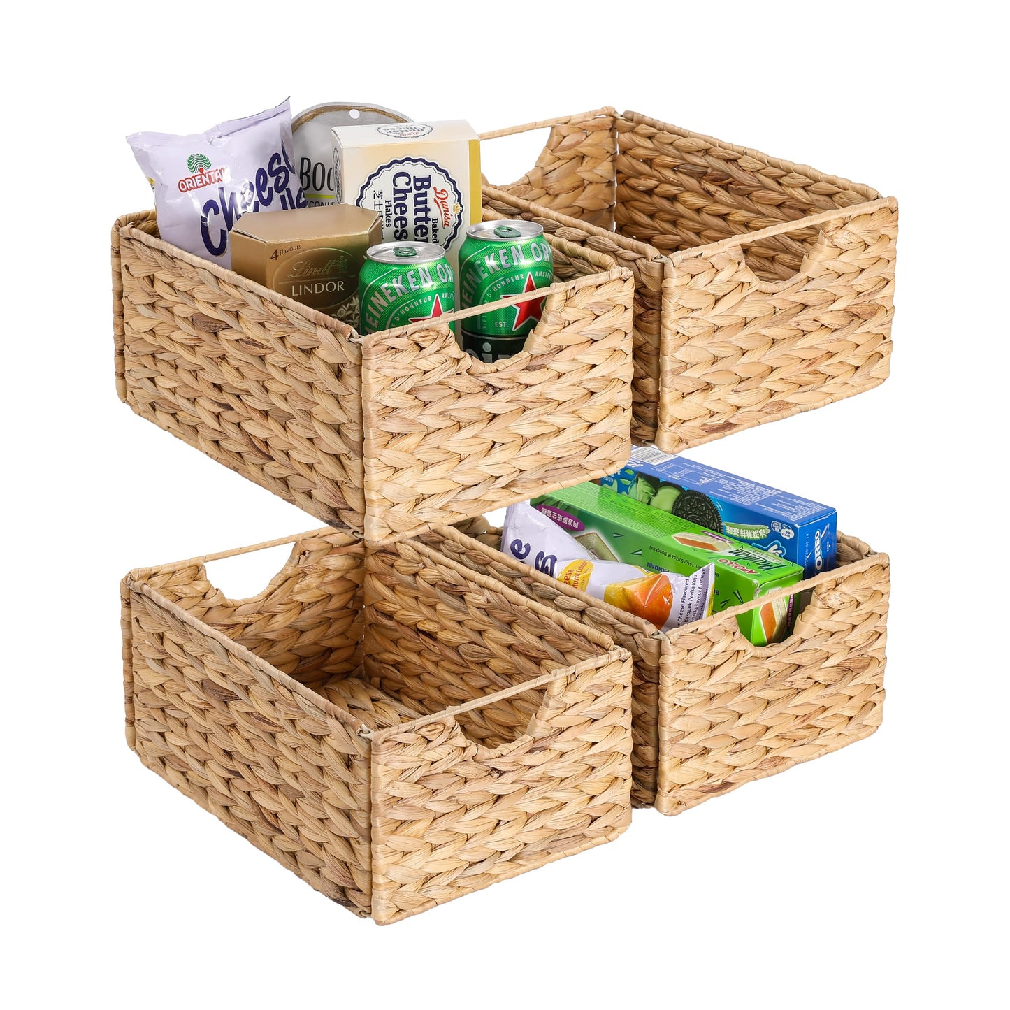 Water Hyacinth Pantry Baskets Set of 4, 12.5 x 9.5 x 6in Hanging Wicker Storage Baskets for Shelves, Pantry Baskets, Bathroom Shelves Storage Basket
