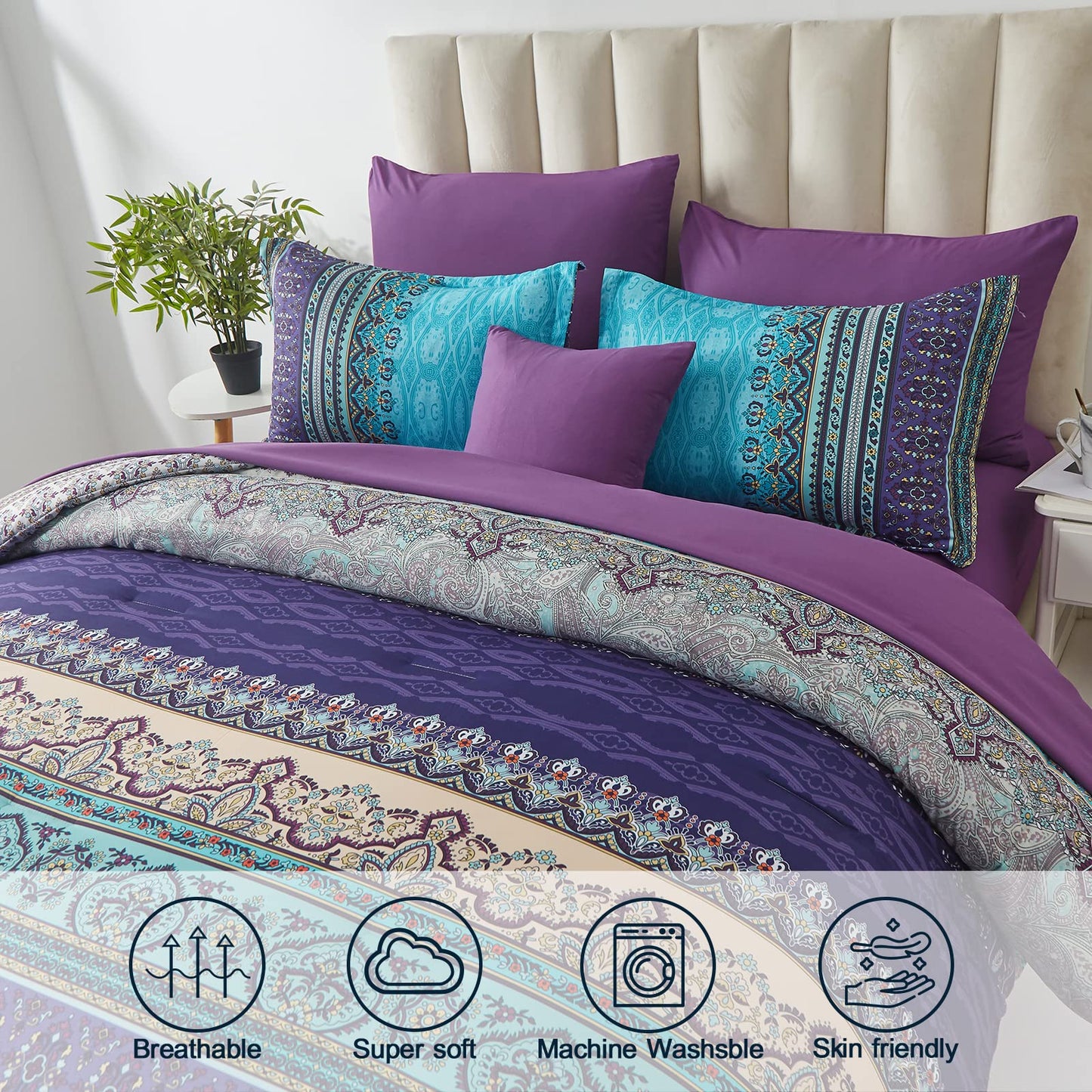 Cottolester Boho Comforter Set Full Size 8 Piece Bed in a Bag Bohemian Striped Bedding Quilt Set Aqua Paisley Floral Comforter and Sheet Set,Soft Microfiber Complete Bedding Sets for All Season
