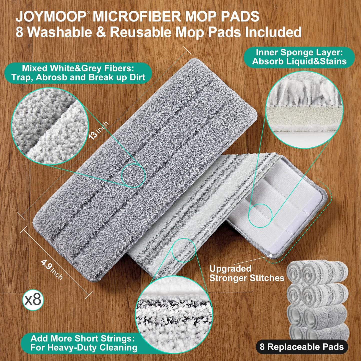 JOYMOOP Flat Mop System, Microfiber Mop and Bucket Set, White, Household & Commercial Floor Cleaning Mop with Long Handle, Wet Dry Use, Includes 8 Mop Pads