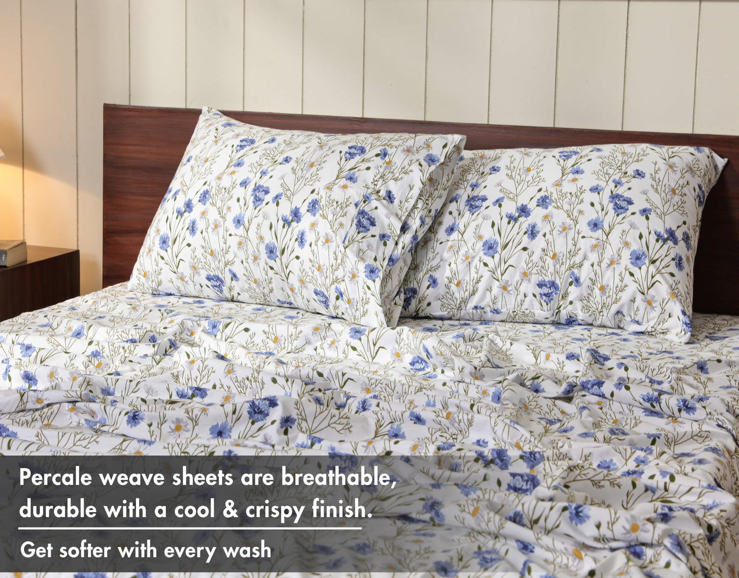 RUVANTI 100% Cotton Percale Sheets King Size – Crisp Cooling Bed Sheets for Hot Sleepers, Deep Pocket 16”, Soft Breathable & Durable Hotel-Style 4 Piece Set, Sweet Pea