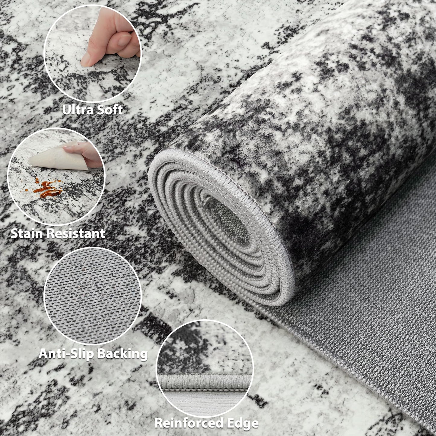 Area Rug Living Room Rugs: 5x7 Washable Rug with Anti-Slip Backing Non-Shedding Stain-Resistant Foldable Modern Abstract Carpet for Bedroom Dining Room Nursery Home Office - Black