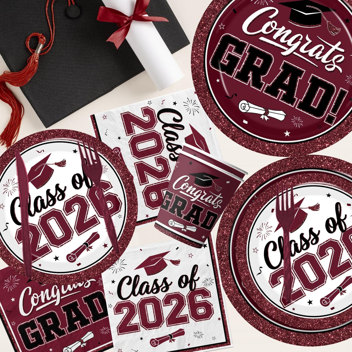 2026 Graduation Decorations Tableware,Maroon White Graduation Plates and Napkins,Class of 2026 Congrats Grad Party Supplies Disposable Tablecloth Cup Knife Fork for Graduation Party Decor,Serve 25