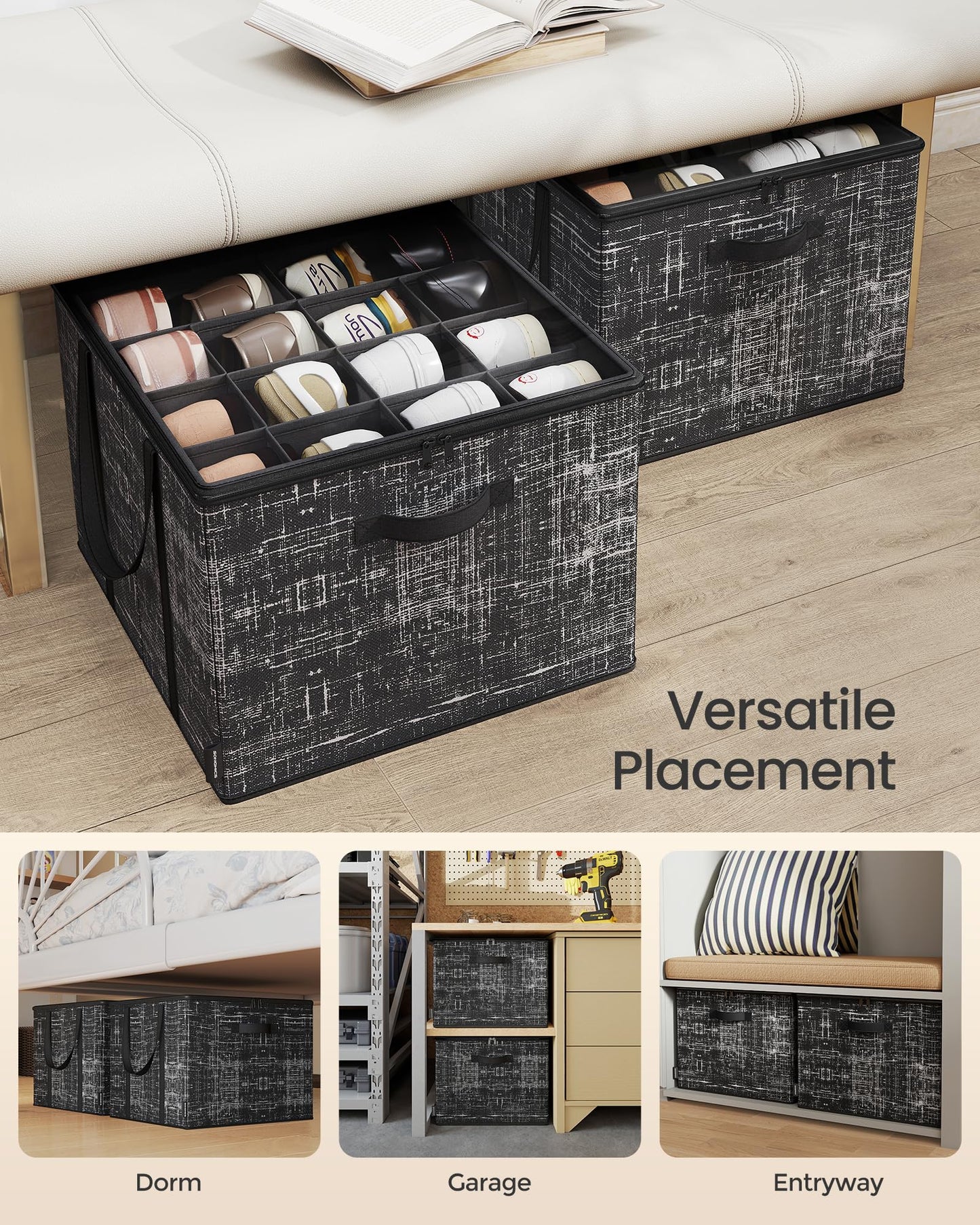 SONGMICS Shoe Organizer for Closet, Set of 2, Shoe Storage Box with Clear Lid, Foldable Fabric Bins, Holds 32 Pairs Total, Reinforced Handles, 16.5 x 16.5 x 12.5 Inches, Ink Black ULSP602B01
