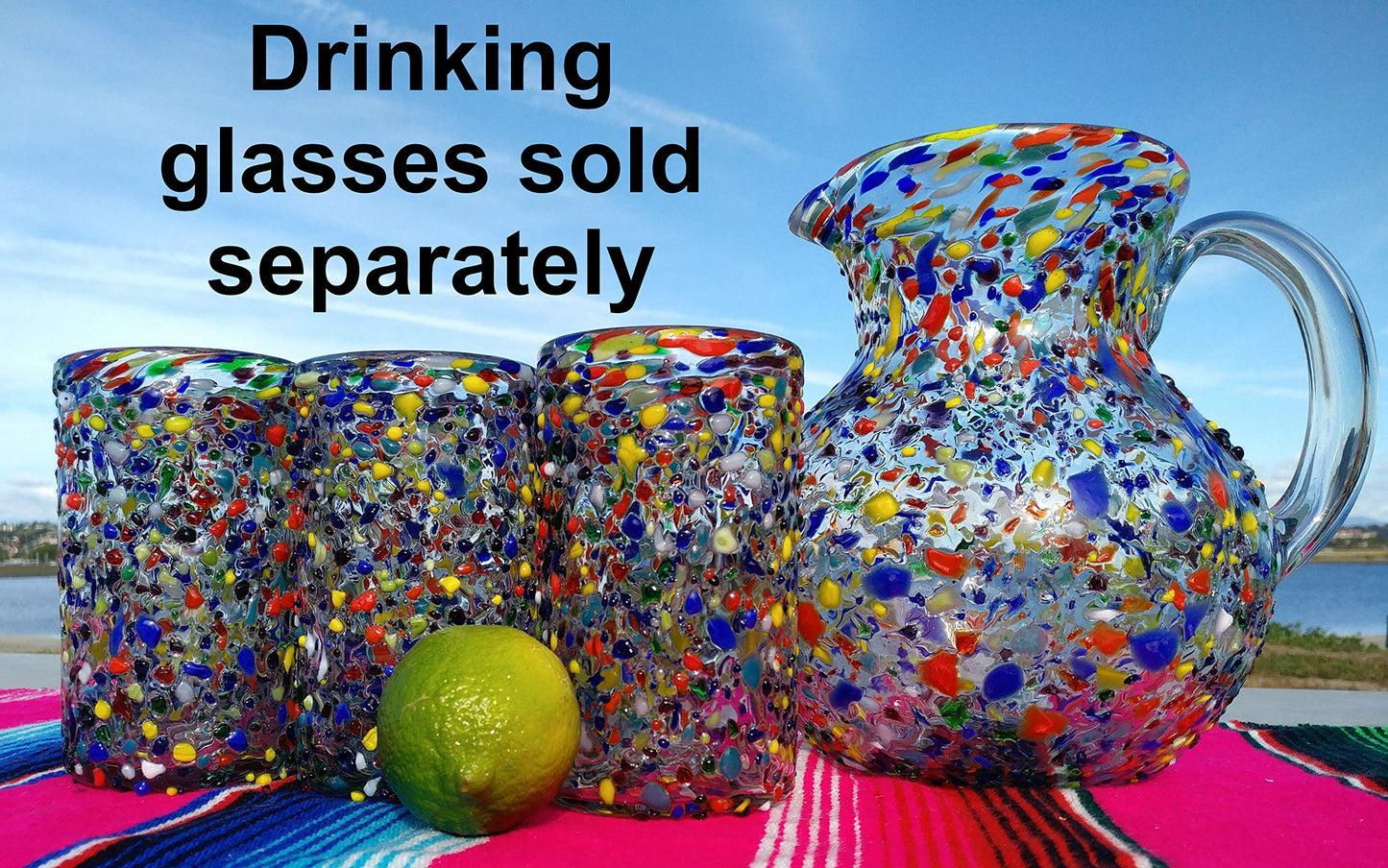 Mexican Hand Blown Glass Pitcher – Confetti Rock Design (84 oz)