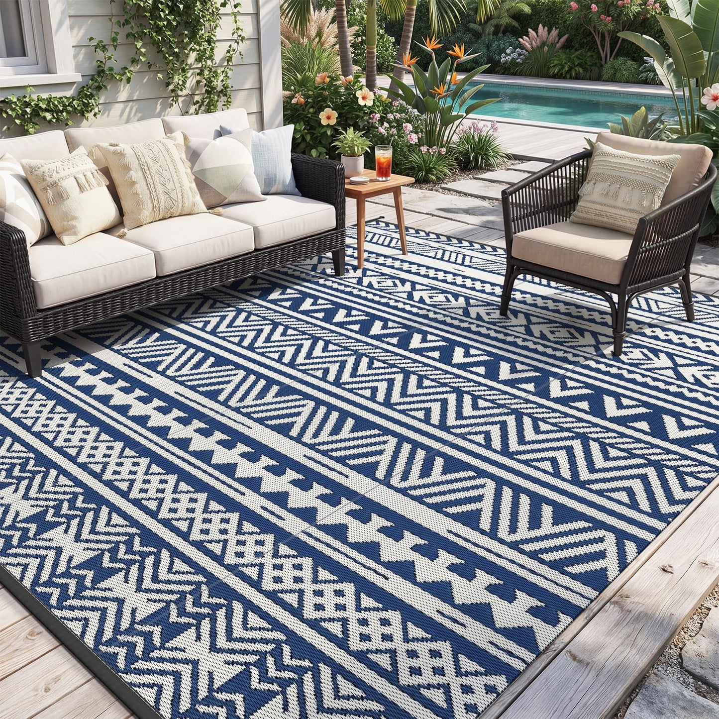 MontVoo-Outdoor Rug Carpet Waterproof 5x8 ft Reversible Patio Rug RV Camping Rug-Plastic Straw Rug Outside Indoor Outdoor Area Rug for Patio Deck Balcony Picnic Beach Outdoor Decor Boho Navy Blue