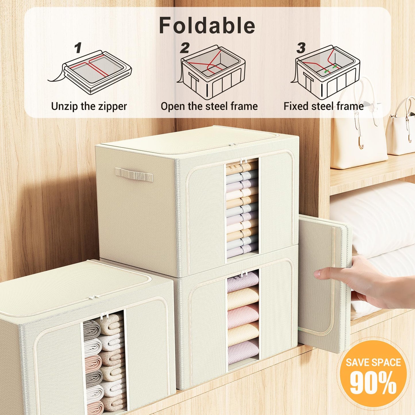 LeArex Clothes Storage Bins with Metal Frame, Foldable Clothes Organizers Storage Containers for Clothes, Sheets, Blankets, Pillows and Towels (66L, 3 Pack) Beige