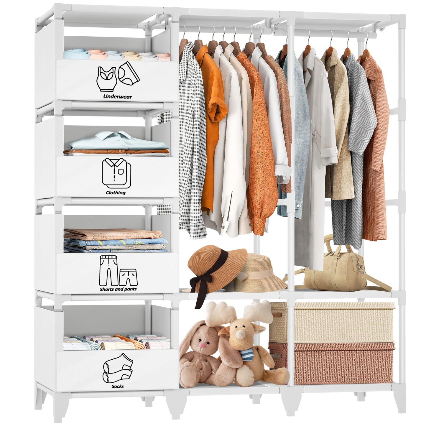 Jofuler Portable Closet, Easy Assembly, Large Capacity Wardrobe Closet, Sturdy and Stable Clothes Rack with Shelves 4 Storage Baskets and 2 Hanging Rods, for Bedroom and Cloakroom White