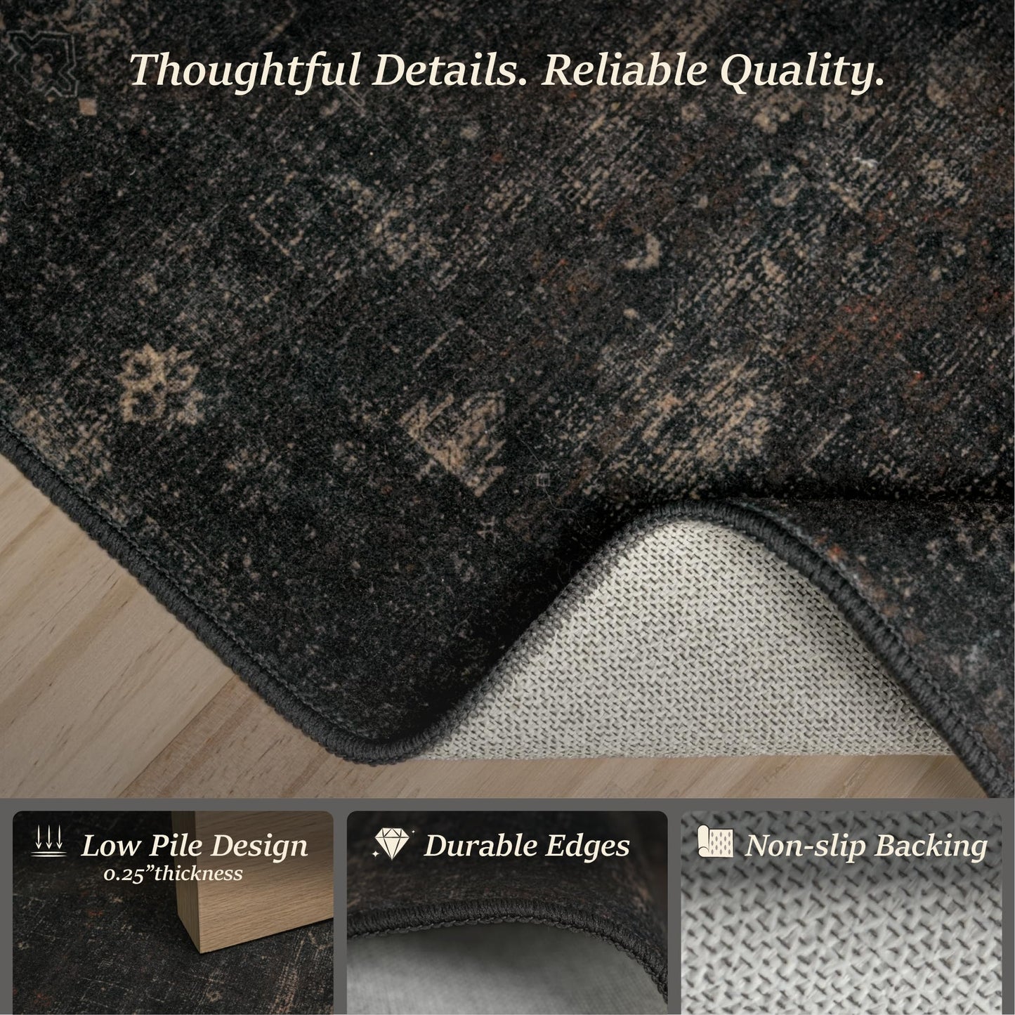 Black 2'6" x 8' Washable Hallway Runner Rug, Non Slip Long Kitchen Runner, Dark Charcoal Low Pile Stain Resistant Rug for Entryway, Bathroom & Laundry Room