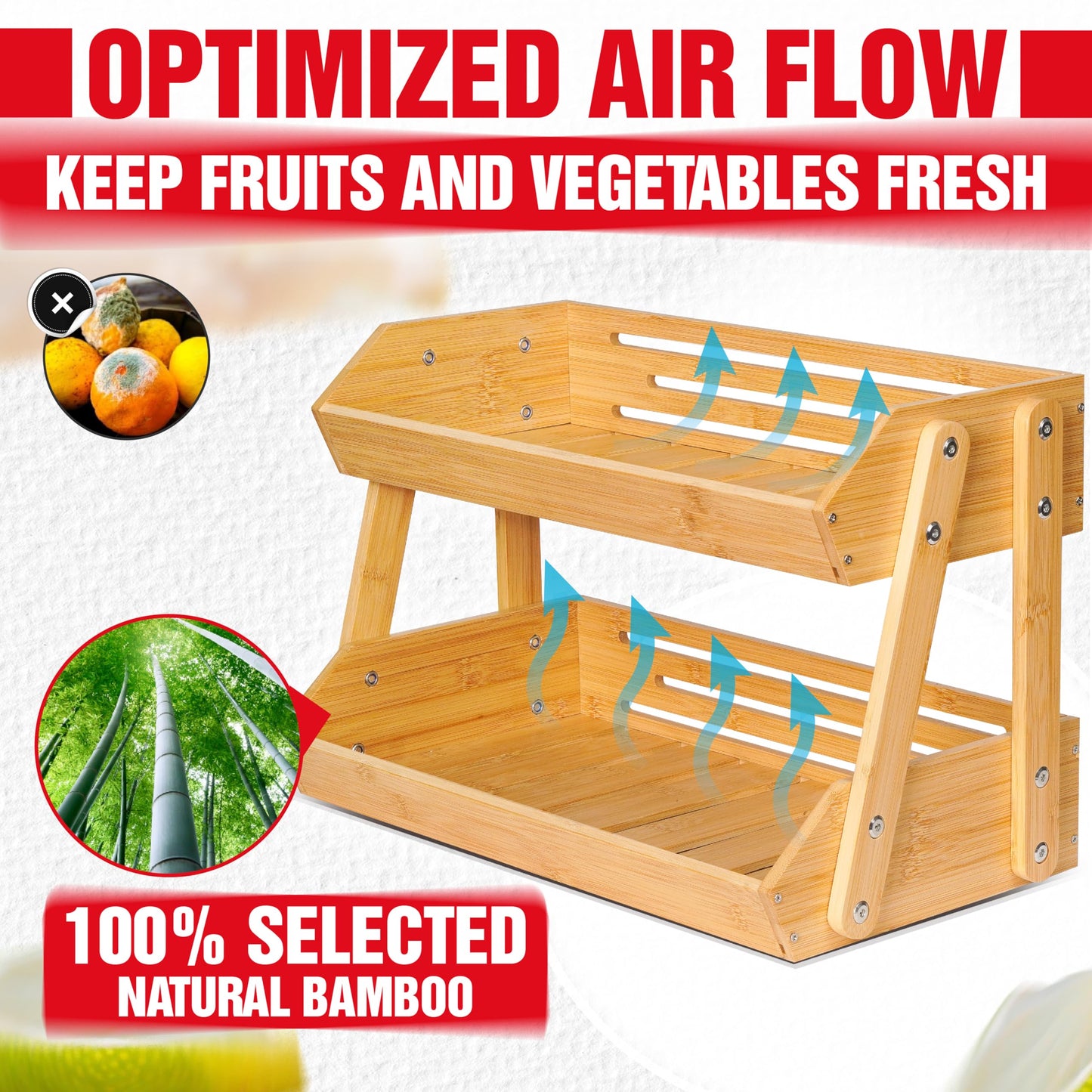 [Upgraded Length] 16.5-Inch Fruit Stand Storage Holder with 4 Sturdier Legs, 2-Tier Fruit Basket , Bamboo Fruit Bowl Holder for Fruit,Vegetables,Bread, Snacks, Home Kitchen Countertop Organizer