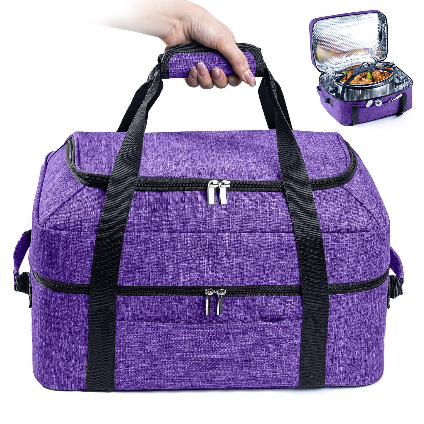 BAGSPRITE Double-Layer Slow Cooker Carrying Bag for 6-8 Quart CrockPot and Hamilton Beach Slow Cooker, Travel Bag with Lid Fastener for Crock-pot, Portable Carrier Case Slow Cooker Bag, Purple