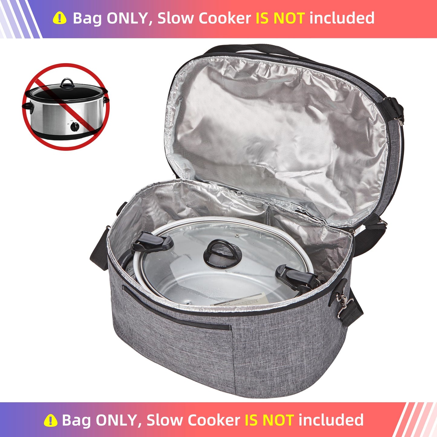 HOMEST Slow Cooker Bag for Crock-Pot 6-8 Quart, Insulated Travel Carrier with Easy to Clean Lining, Carry Case with Top Zip Compartment and Accessory Pocket