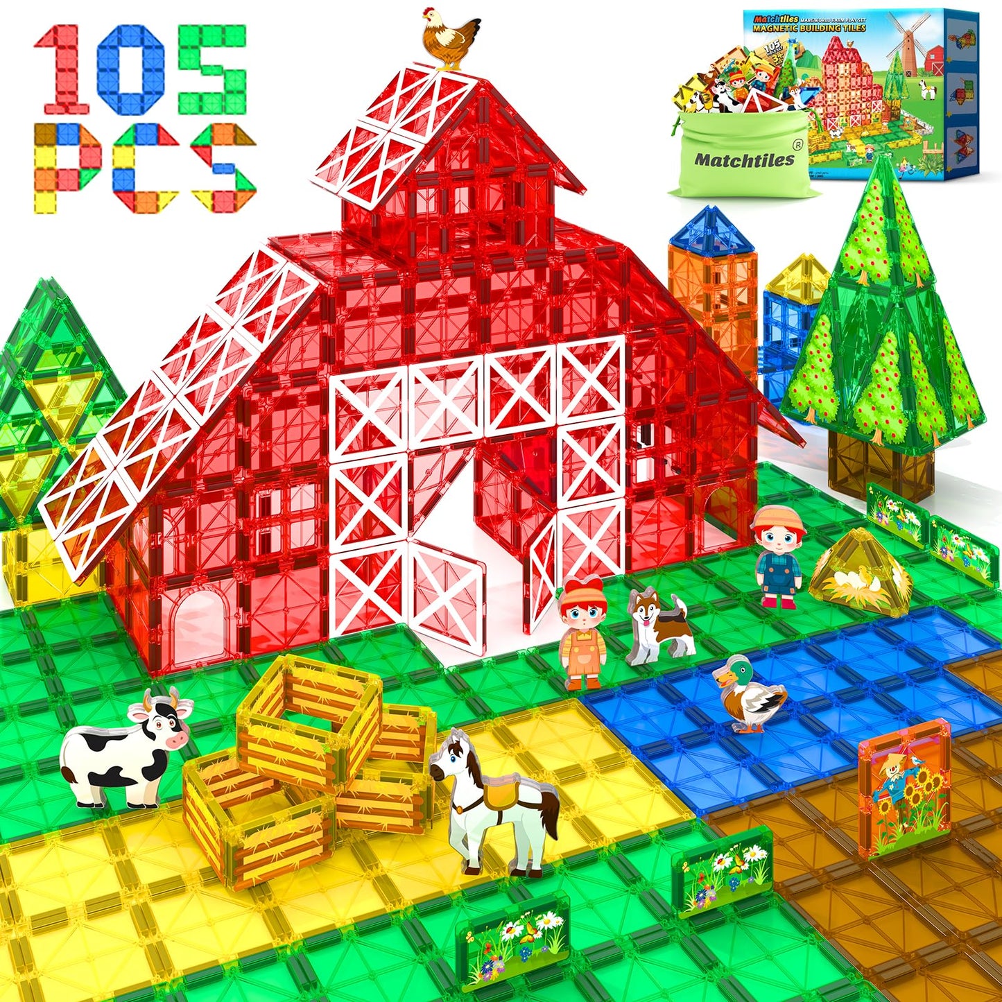 Magnetic Tiles with Farm Animals, Magnetic Blocks Building Toys for 3+ Year Old Toddler, Construction STEM Magnet Toys Gift for Kids, Boys and Girls 3 4 5 6 7 8+ Year Old