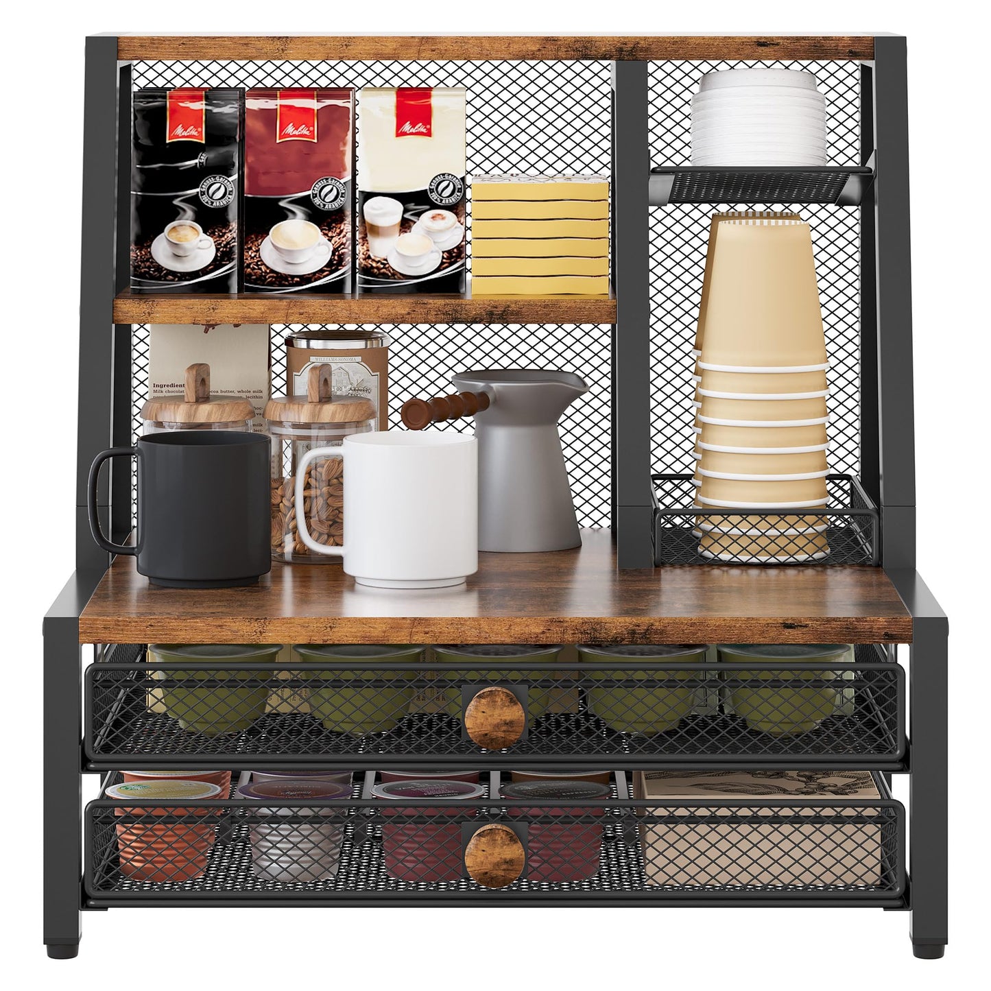 TQVAI Coffee Bar Organizer, Maximize Small Countertop Space, 70 Standard Capsules Capacity with Sliding Pods Drawer, 4-Tier Coffee Station Organizer for Home Kitchen Office Commercial