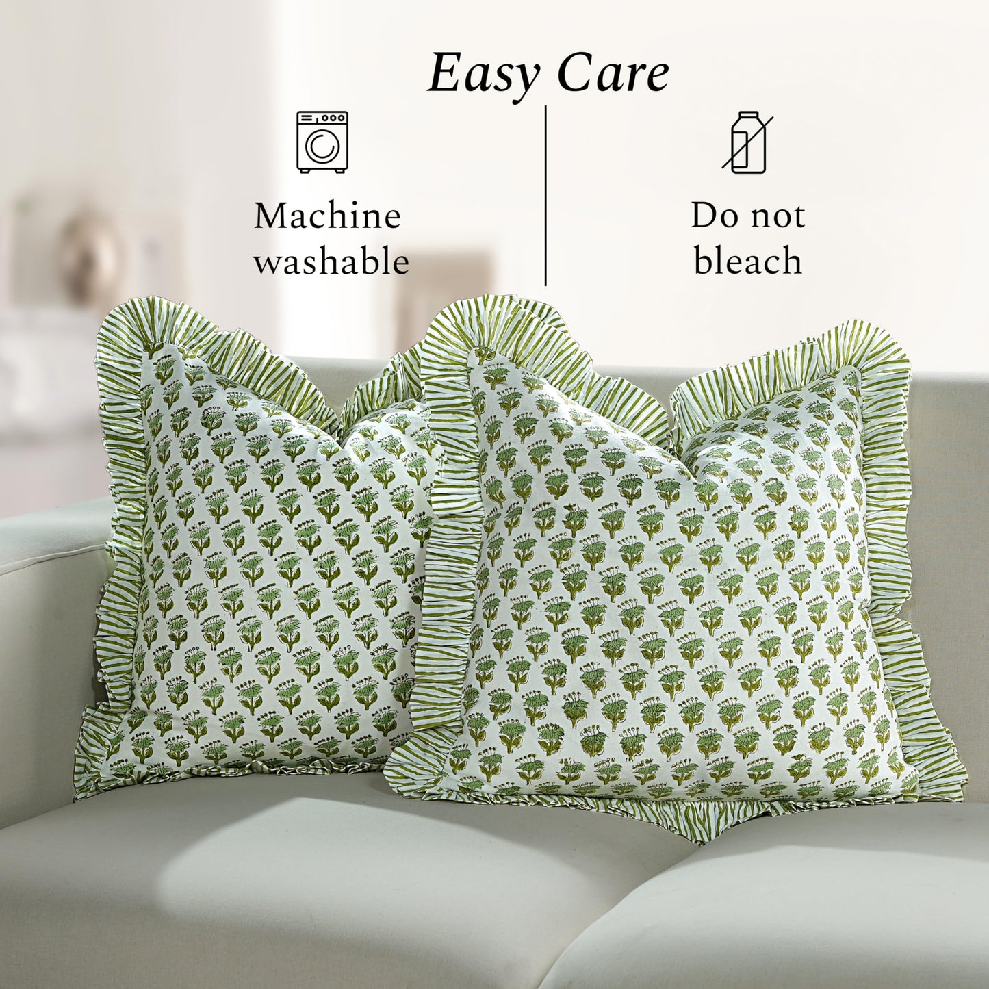 CPC Block Print Ruffle Throw Cover Emerald Green 20"x20" Inch Pack of 2-100% Cotton Ruffle Couch Decorative Boho Pillows Case for Living Room, Bedroom, Sofa, Farmhouse Gift for Spring, Mother's Day