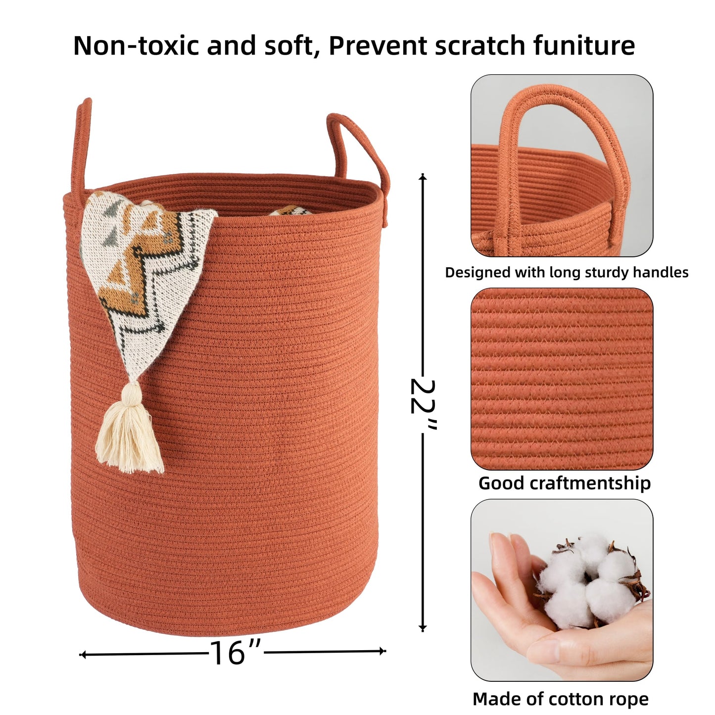 XUANGUO Cotton Rope Laundry Basket Hamper for Clothes Woven Storage Basket for Living Room Bedroom Boho Tall Rope Baskets for Blanket Toys Pillow Towels Baby Nursery Hamper Bin Large rustic
