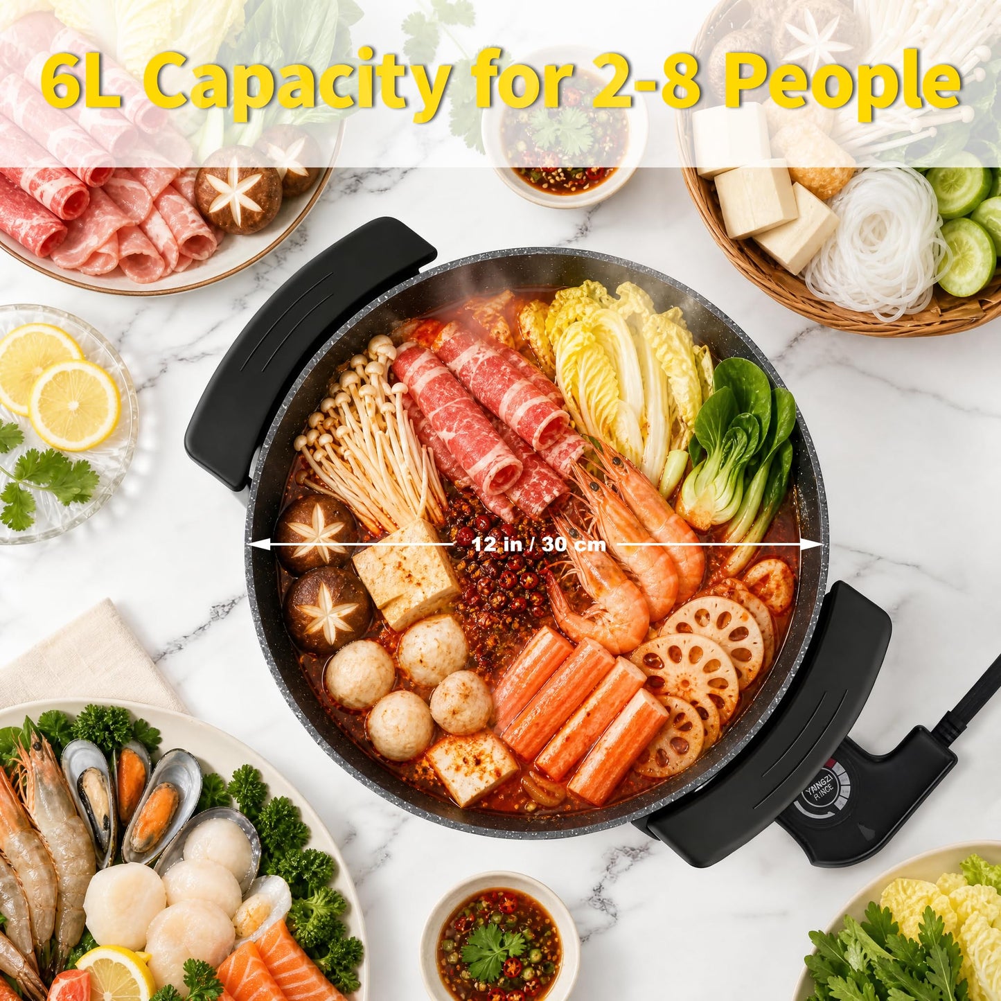 Food Party Hot Pot Electric Skillet 2 in 1 Hotpot Pot Electric Pot for Cooking 6L 110V 1100W Non-Stick PFOA FREE Shabu Shabu Pot