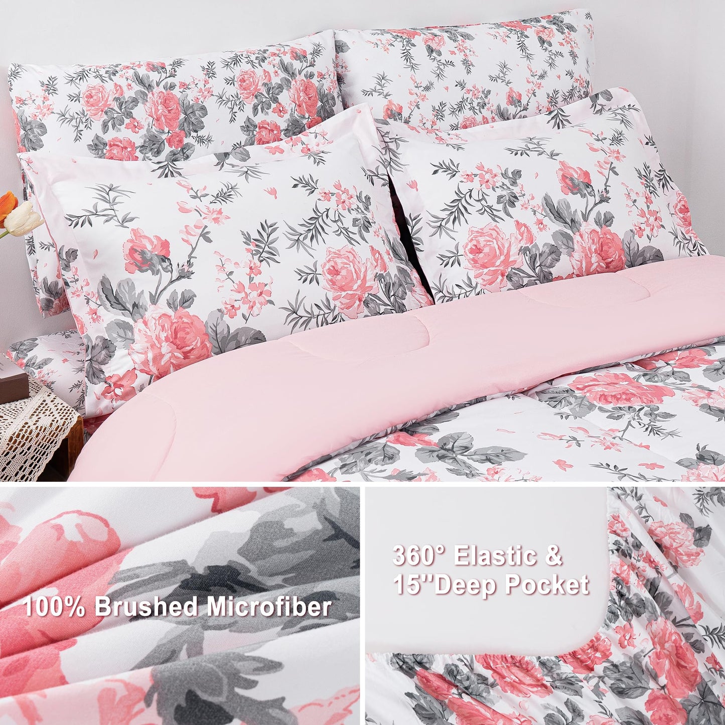 lasoftan Floral Queen Comforter Set with Sheets, 7 piece Luxury Vintage Bedding, Soft Microfiber Bed in a Bag, Cozy Lightweight Bed Set, Pink Flower Grey Leaf