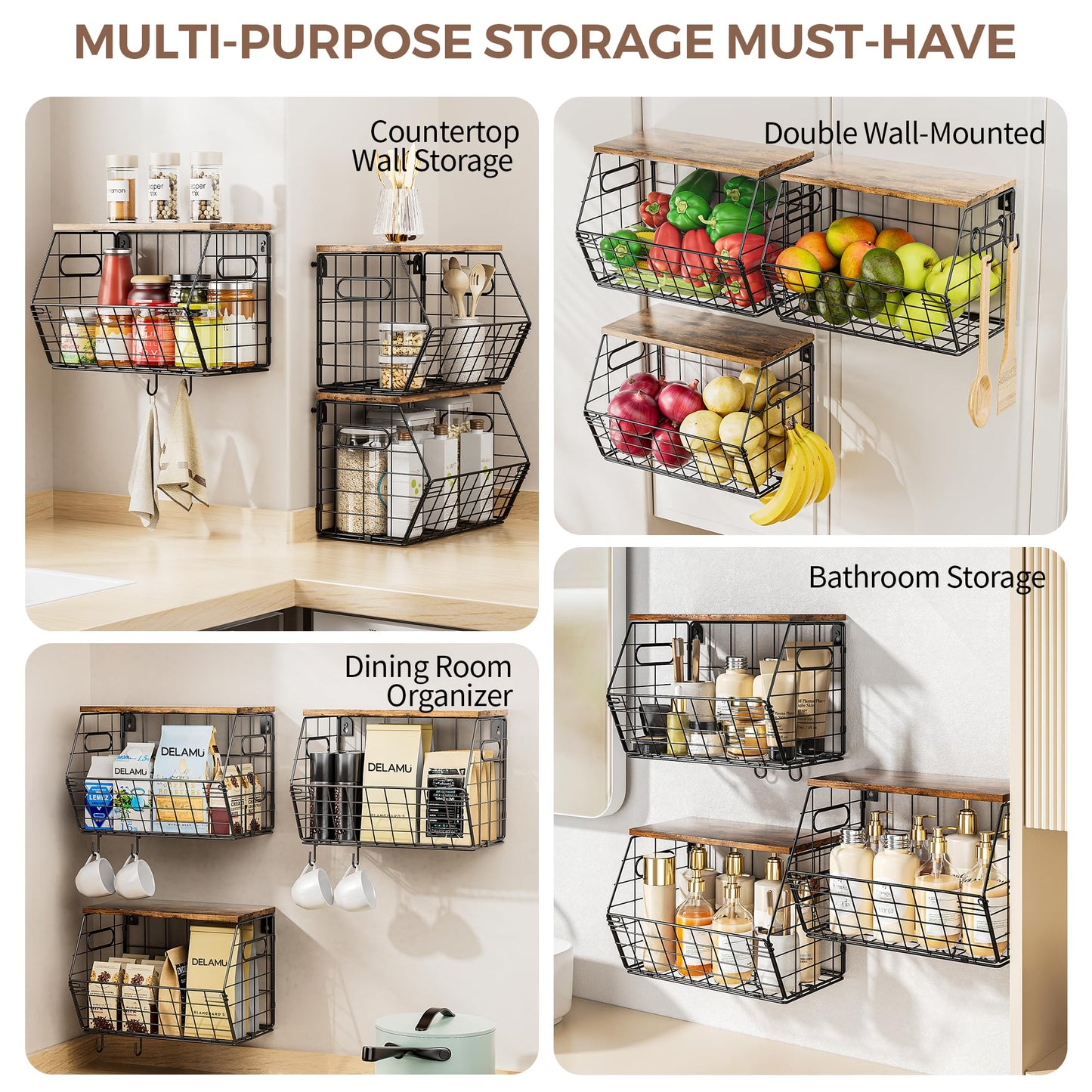 Delamu Stackable Metal Fruit Basket with Wood Lid 3 Pack, Hanging Wall Organizer for Kitchen Counter, Pantry Storage for Onions, Potatoes, Garli, Fruits, Spices, Black