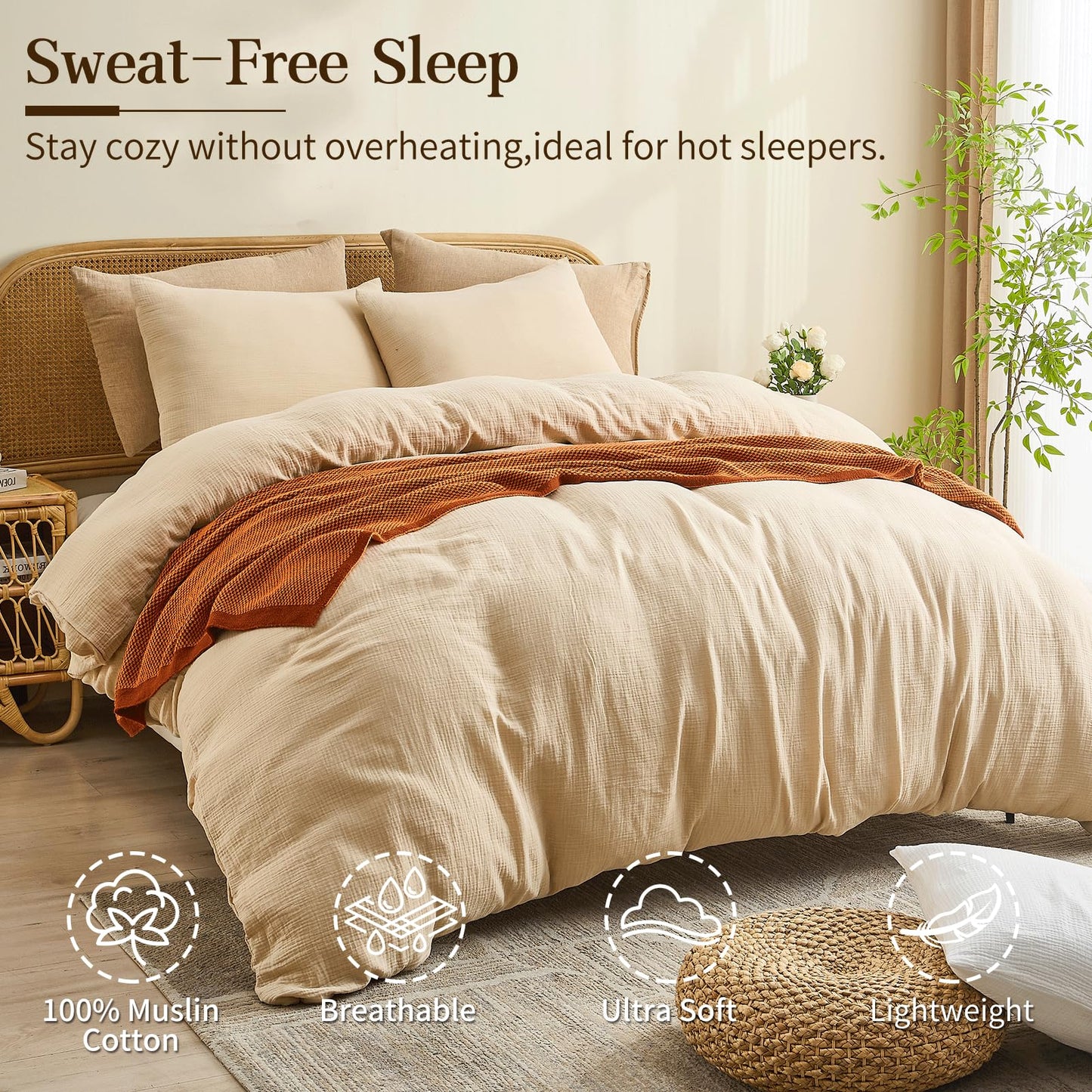 MEISHANG Muslin Duvet Cover Queen Size - 100% Organic Cotton, Soft Textured Gauze Weave Duvet Cover for Breathable All-Season Oeko-Tex Certified - 3 Piece Set (Queen, Linen)