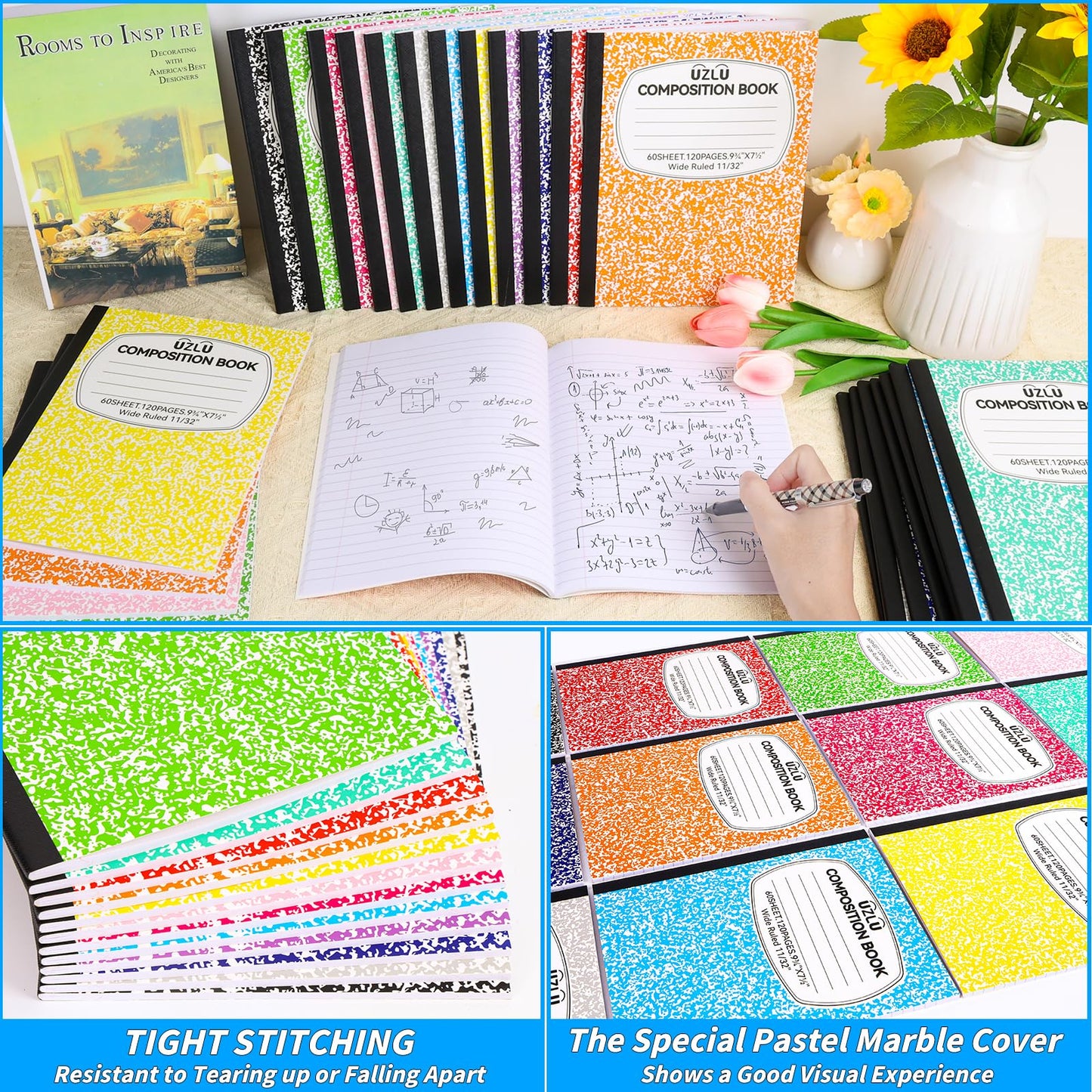 24 Pack 9.75 x 7.5 in Large Composition Notebooks Bulk 12 Color Wide Ruled Composition Books Marble Journal Notebook 60 Sheets per Book for Aldult Student College Office Back to School Supplies