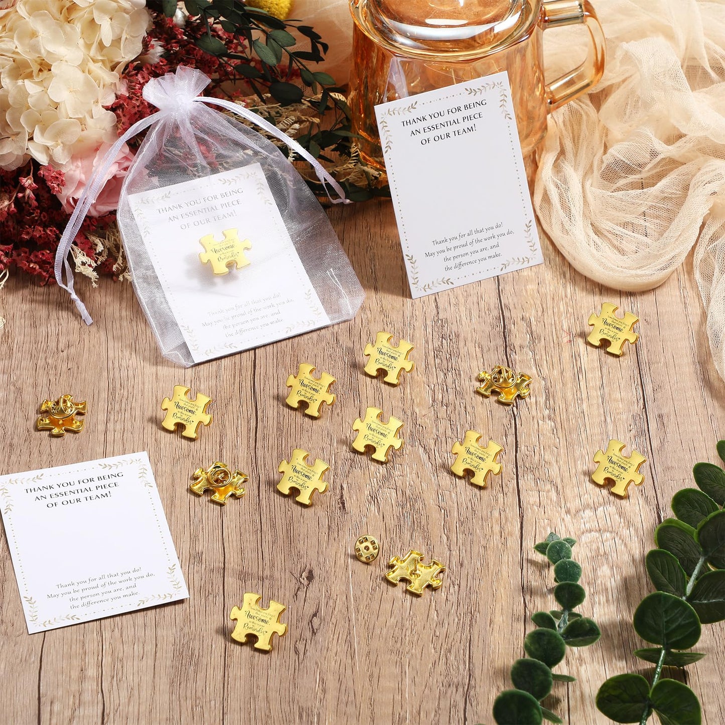 Solsew 72 Sets Employee Appreciation Gifts Bulk Puzzle Piece Lapel Pin Thank You Card and Organza Bag Building Recognition Soccer Baseball Team Gift for Employee Office Staff Coworker (Awesome)