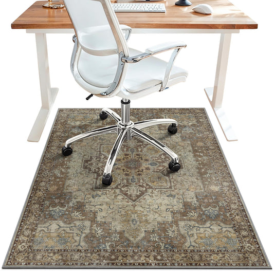 36"x48" Office Chair Mat for Hardwood Tile Floor, Under Desk Carpet Protector for Rolling Computer Chair Mat, Machine Washable Area Rug, Anti-Slip 1/5" Thick Low Pile Thin Vinyl Floor Mat, Brown