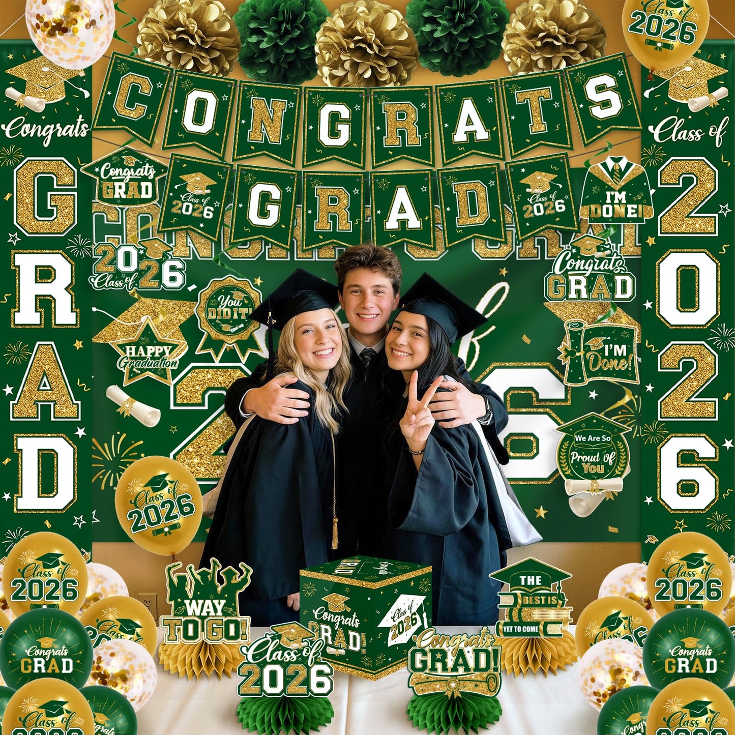 Green and Gold Graduation Decorations 2026 Set, All-in-1 Kit with Congrats Grad Banner Class of 2026 Backdrop Porch Sign Balloons Centerpieces Card Box Pom Poms Streamers for College High School