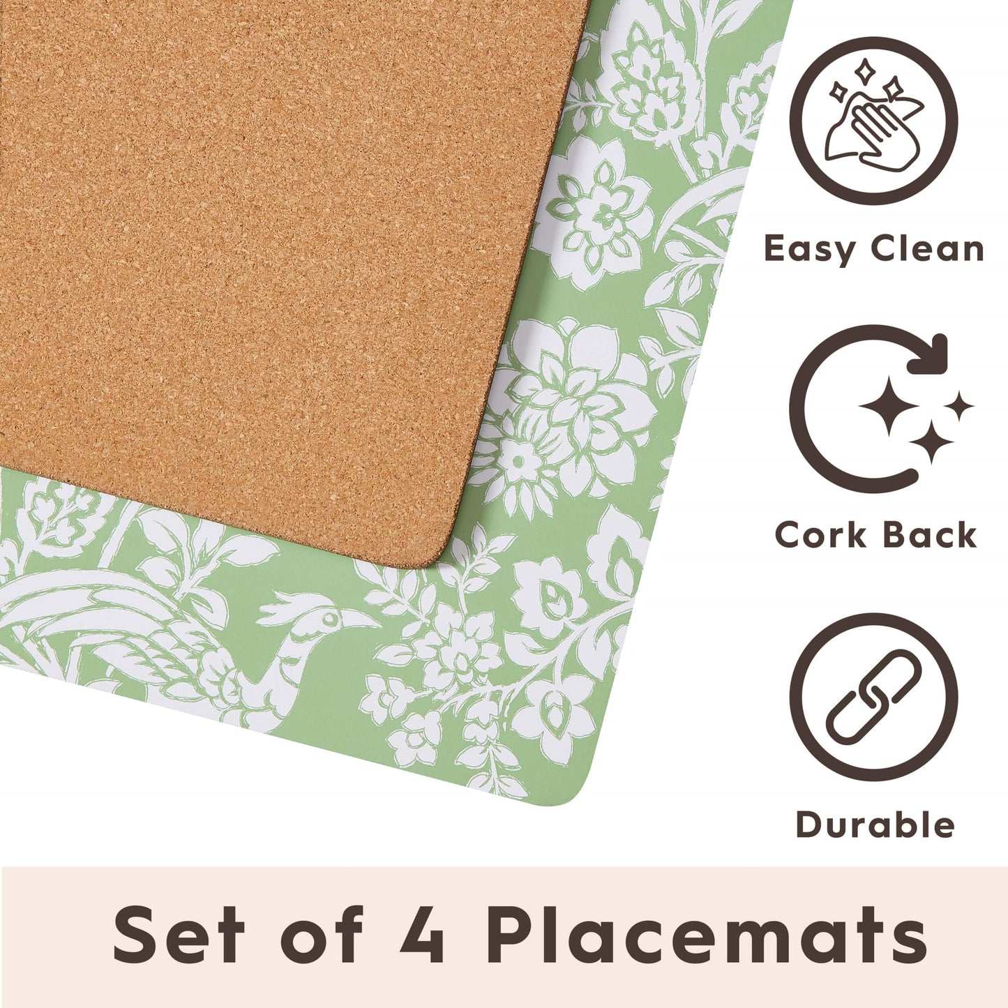 Laura Ashley Cork Placemats 16 x 12-inch for Kitchen and Dining Tables, Heat Resistant, Durable, Easy Clean, Set of 4, Adain Palace